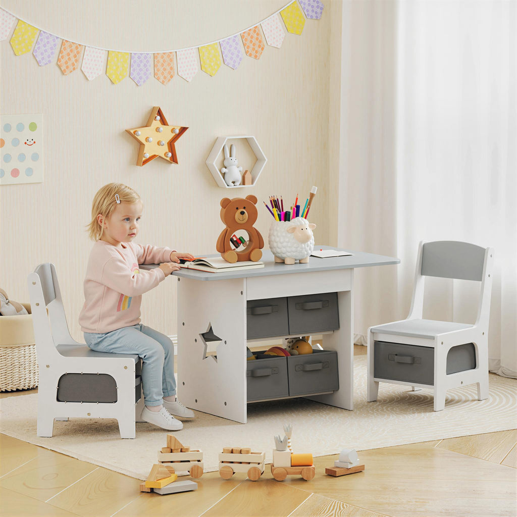 Children's Table and Chair Set for 3-8 Years Old with 6 Drawers and Rounded Edges, in Wood and Fabric, Grey and White