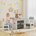 Children's Table and Chair Set for 3-8 Years Old with 6 Drawers and Rounded Edges, in Wood and Fabric, Grey and White