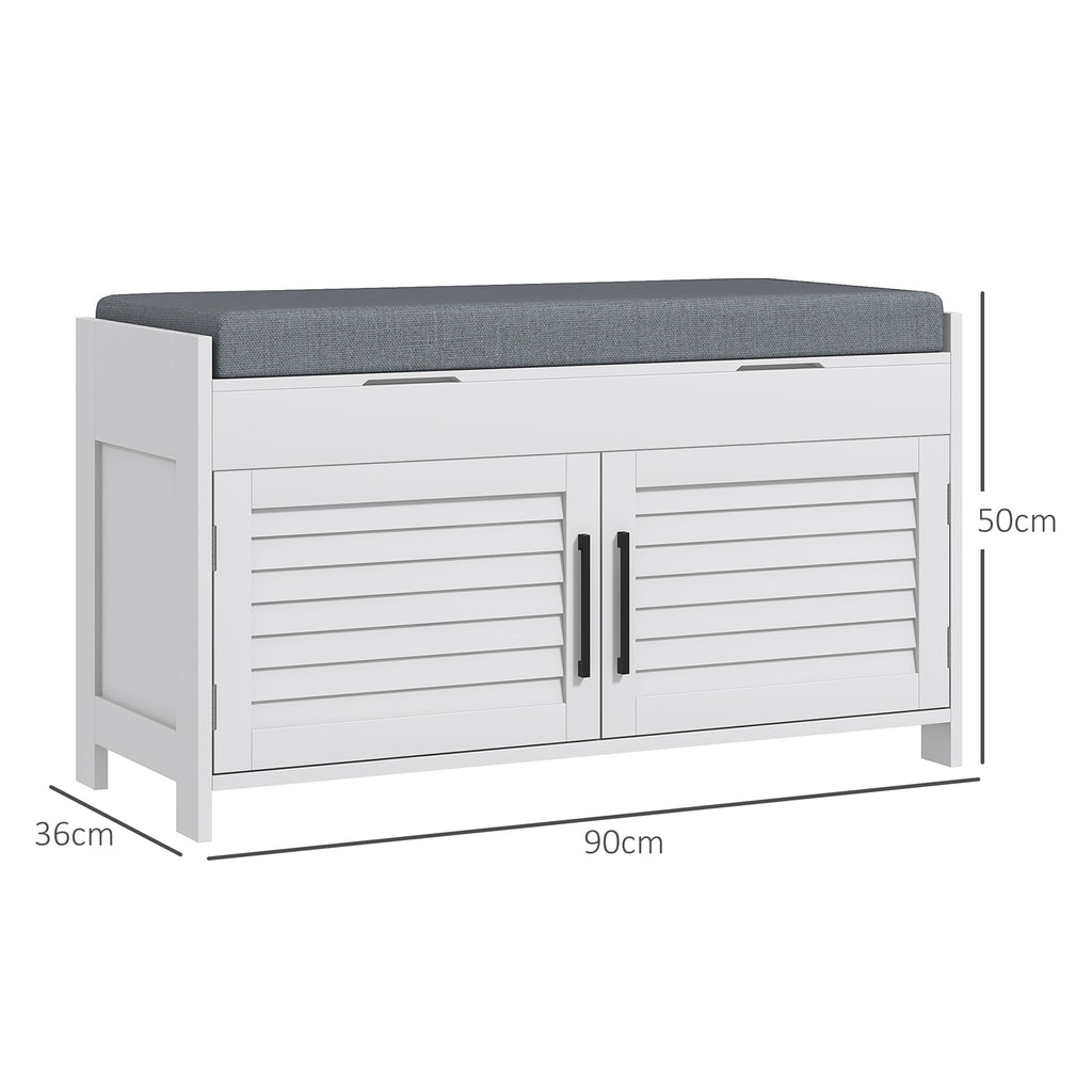 Shoe Bench with Adjustable Internal Shelf on 3 Levels, in MDF and Faux Linen, 90x36x50 cm, White and Grey