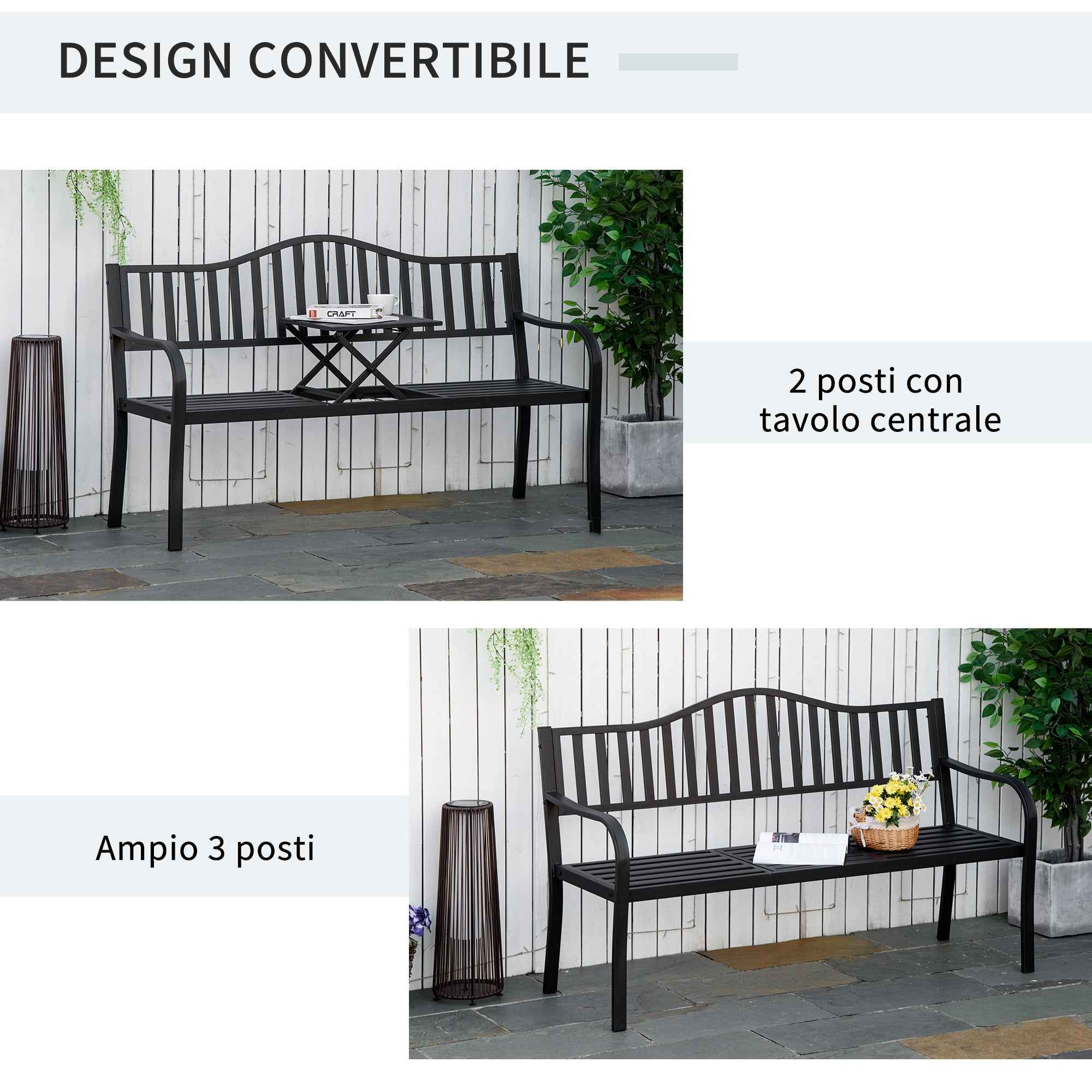 Outsunny 2-3 Seater Garden Bench with Lift-Up Metal Table, 150x58.5x90cm, Black