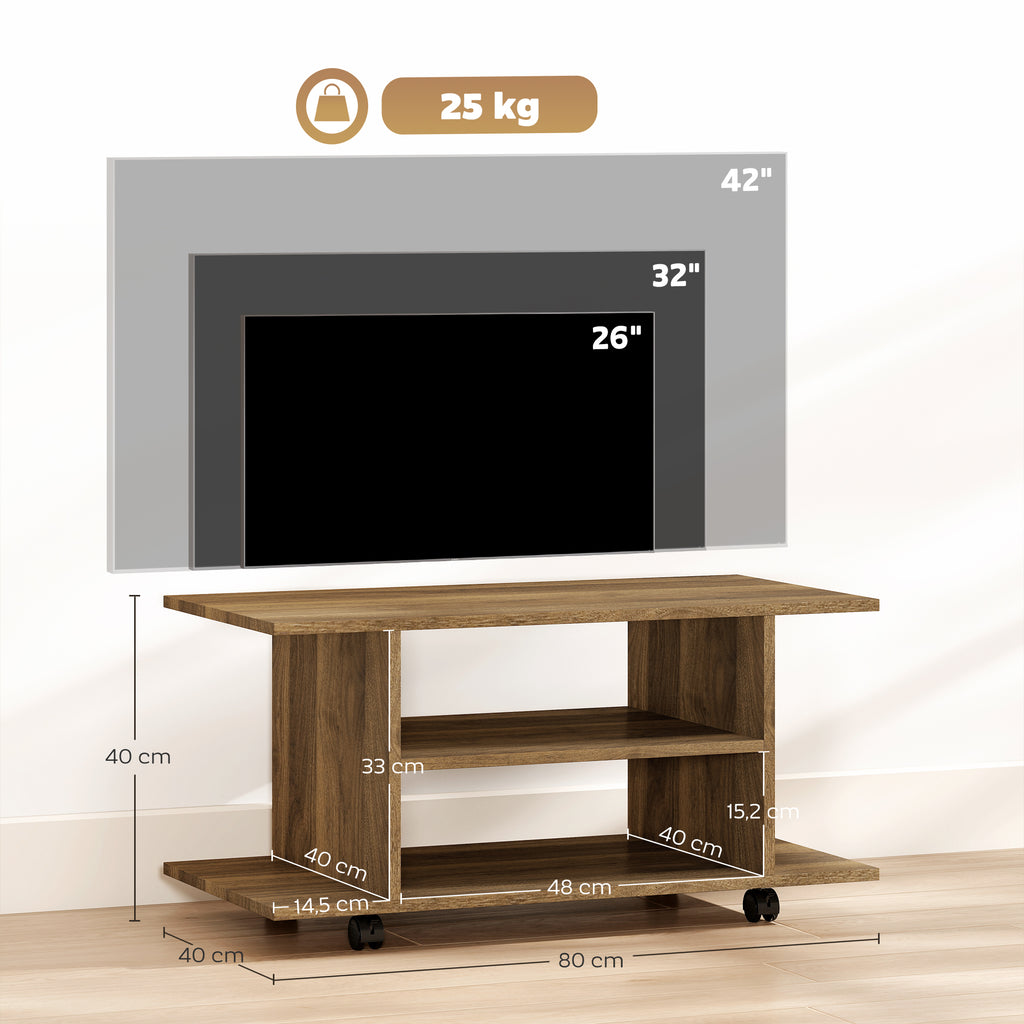 HOMCOM Modern TV Stand with Shelves, Swivel Wheels and Brakes, 80x40x40 cm, Walnut Color
