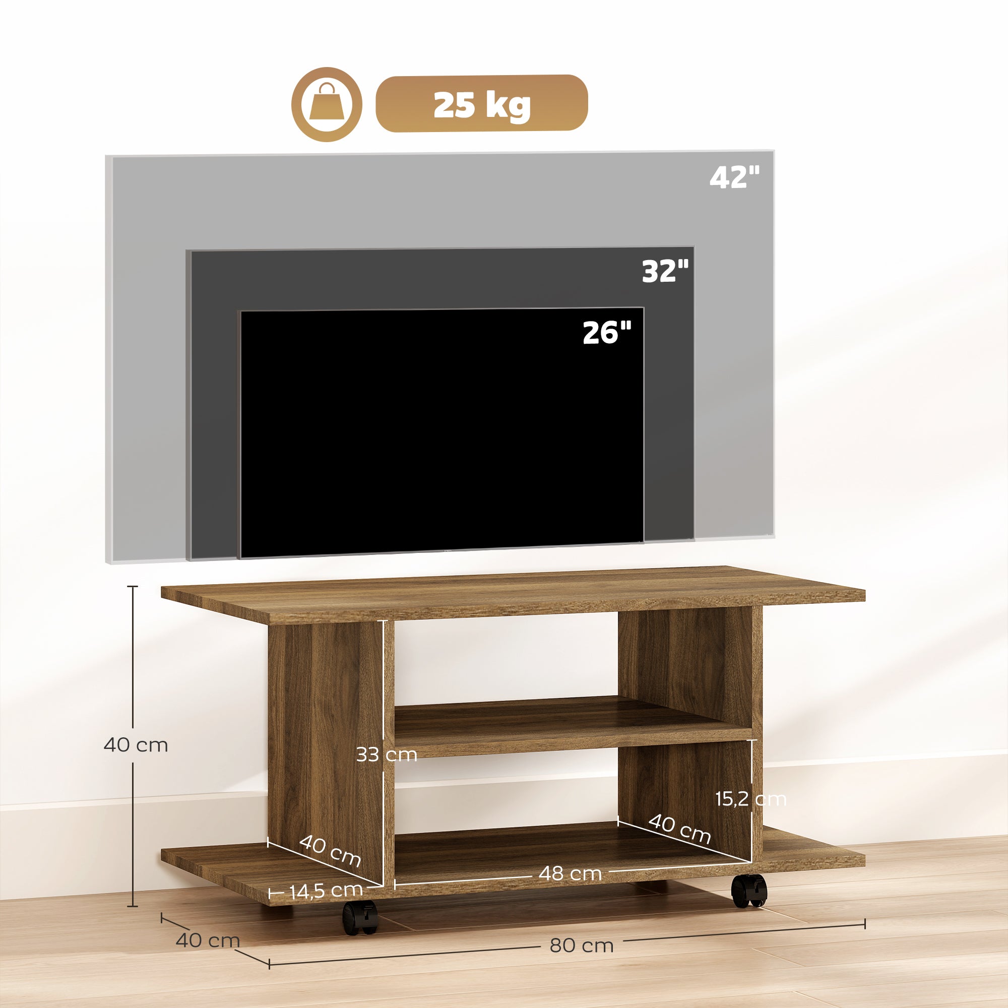 HOMCOM Modern TV Stand with Shelves, Swivel Wheels and Brakes, 80x40x40 cm, Walnut Color