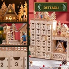 Rectangular Christmas Advent Calendar with Themed Patterns and 12 LED Lights, 22x9x30 cm, Plywood, Orange