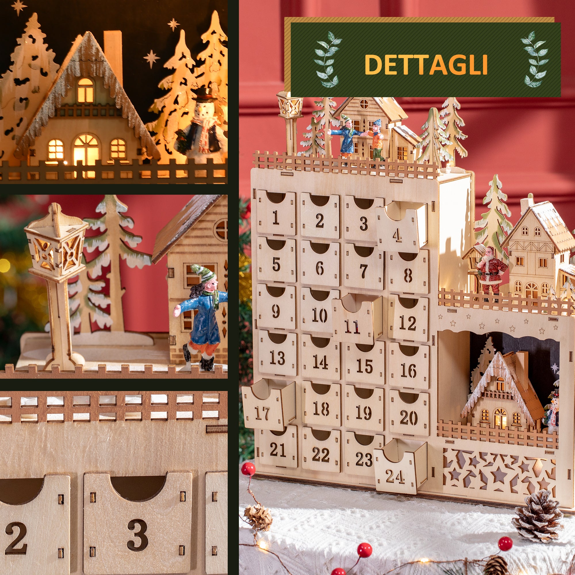 Rectangular Christmas Advent Calendar with Themed Patterns and 12 LED Lights, 22x9x30 cm, Plywood, Orange