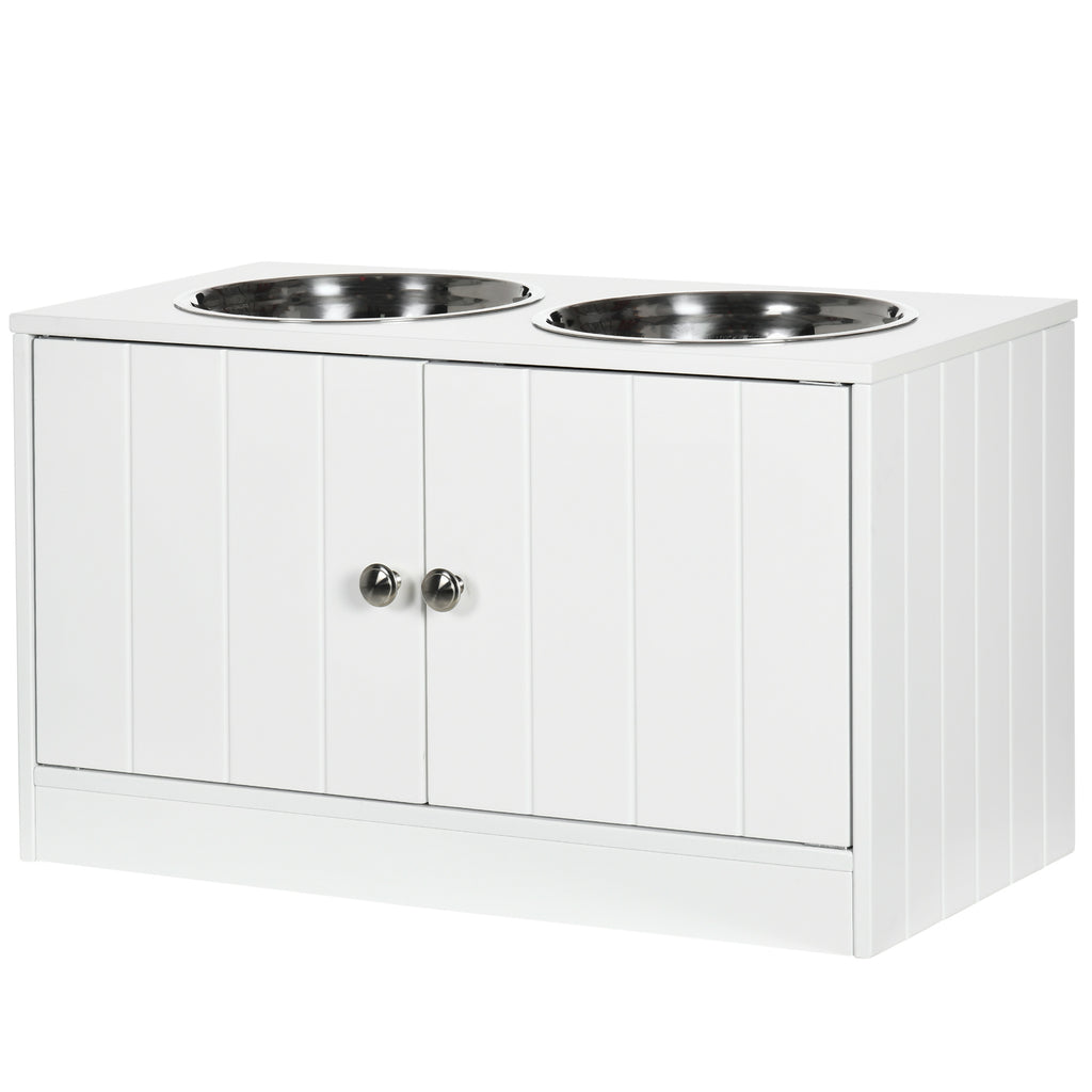 Raised Dog Bowls with 44L Cabinet and 2 Steel Bowls, 60x30x35.5cm, White - Borgè