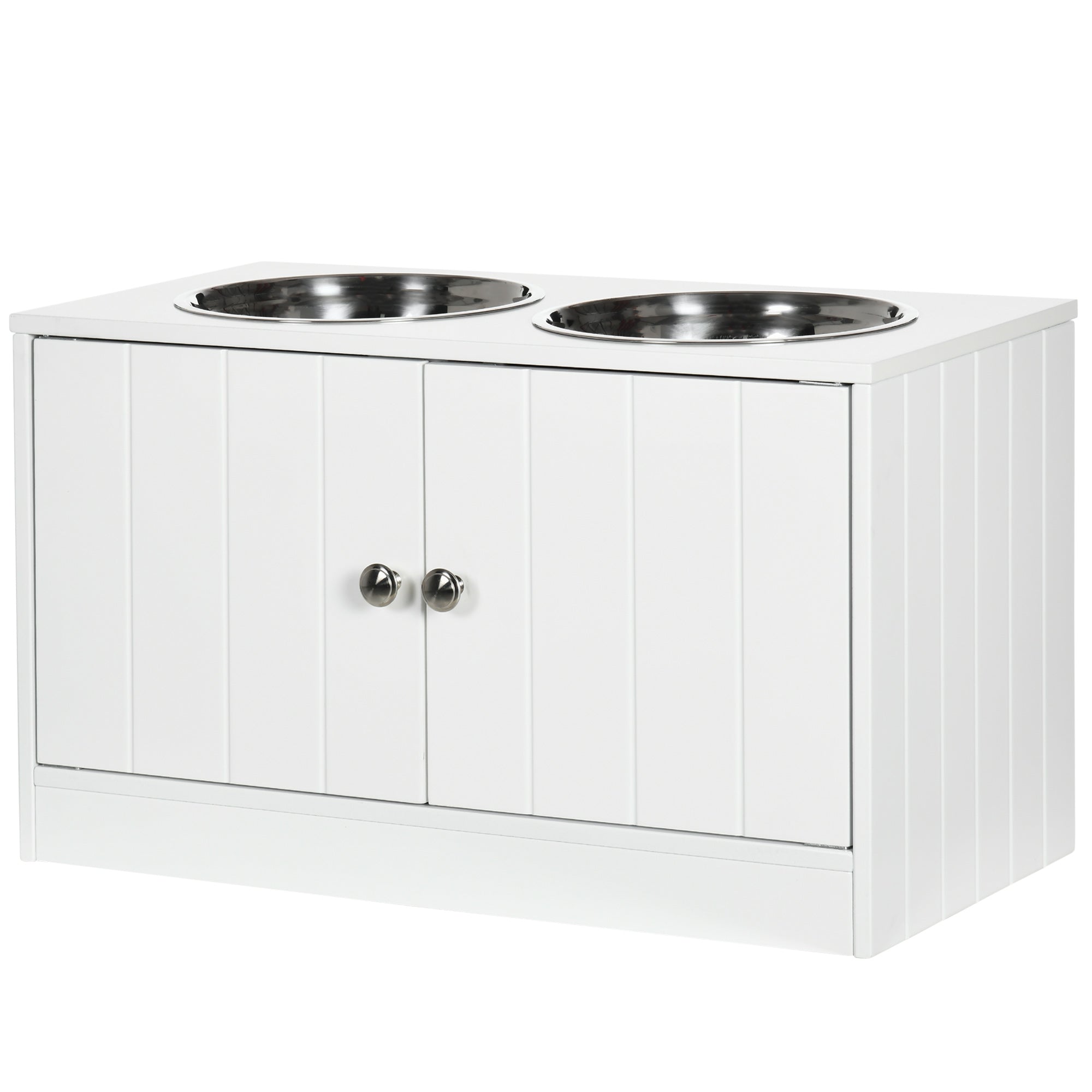 Raised Dog Bowls with 44L Cabinet and 2 Steel Bowls, 60x30x35.5cm, White - Borgè