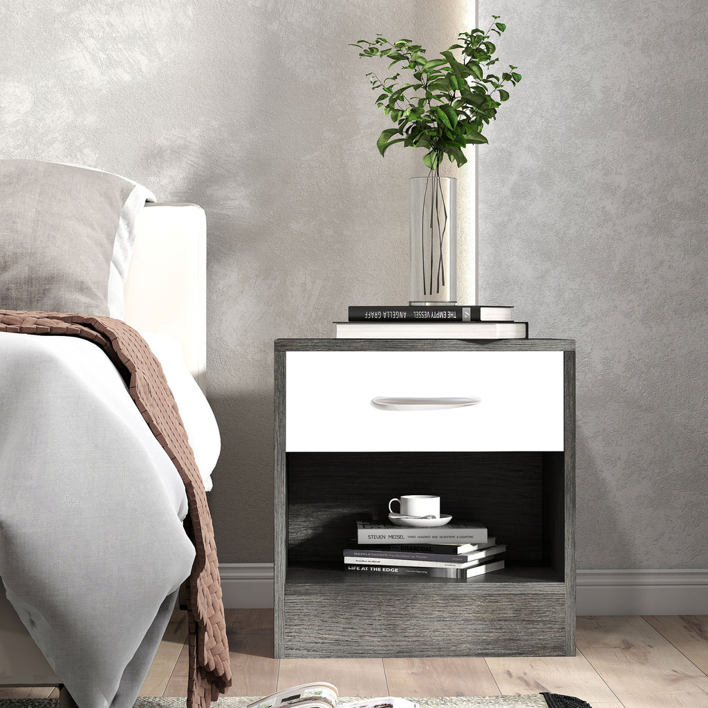 Modern Bedside Table with Open Shelf and Drawer, Wooden, 39x28x41 cm, White and Dark Grey