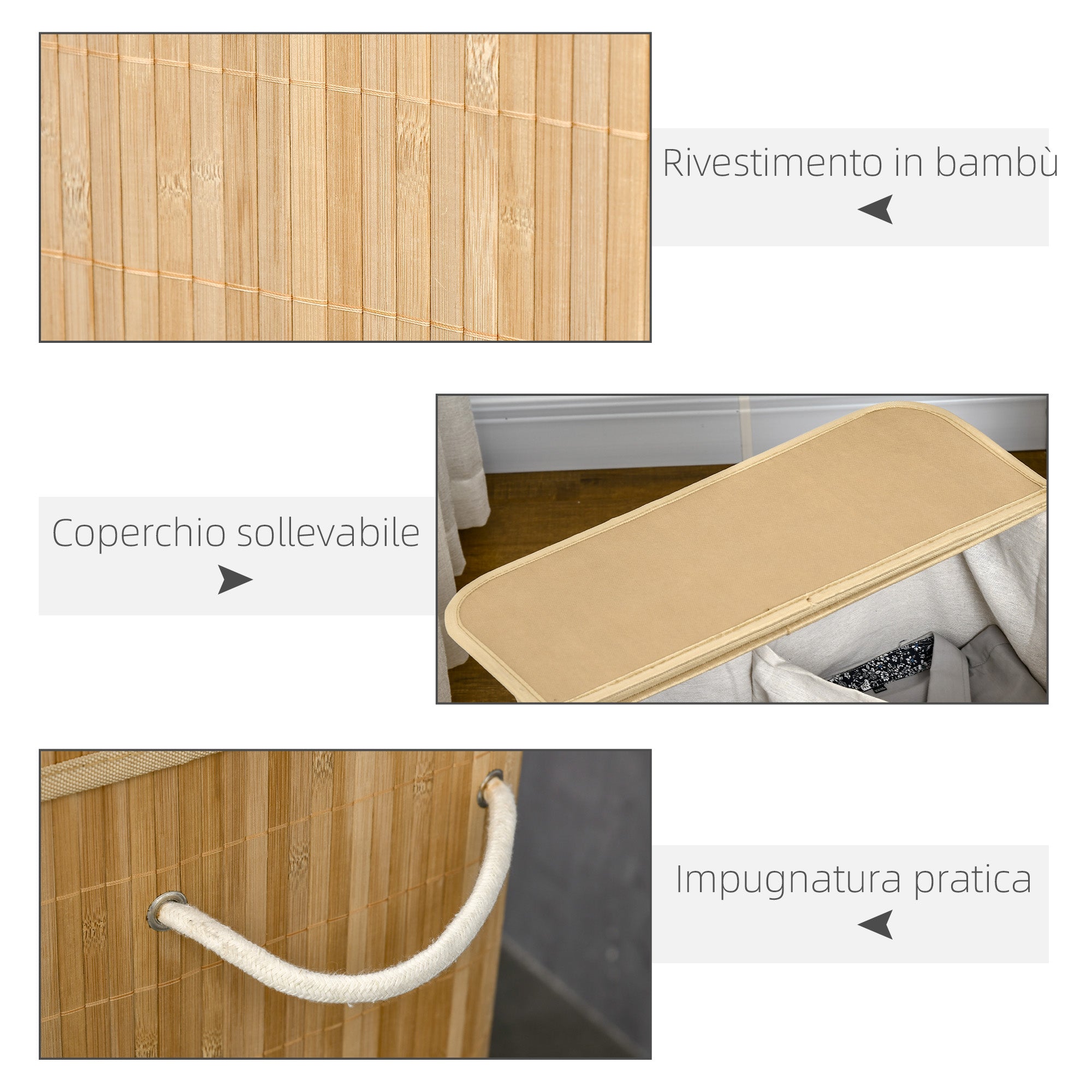 90L Foldable Laundry Basket with 2 Compartments, Bamboo Lid and Handles