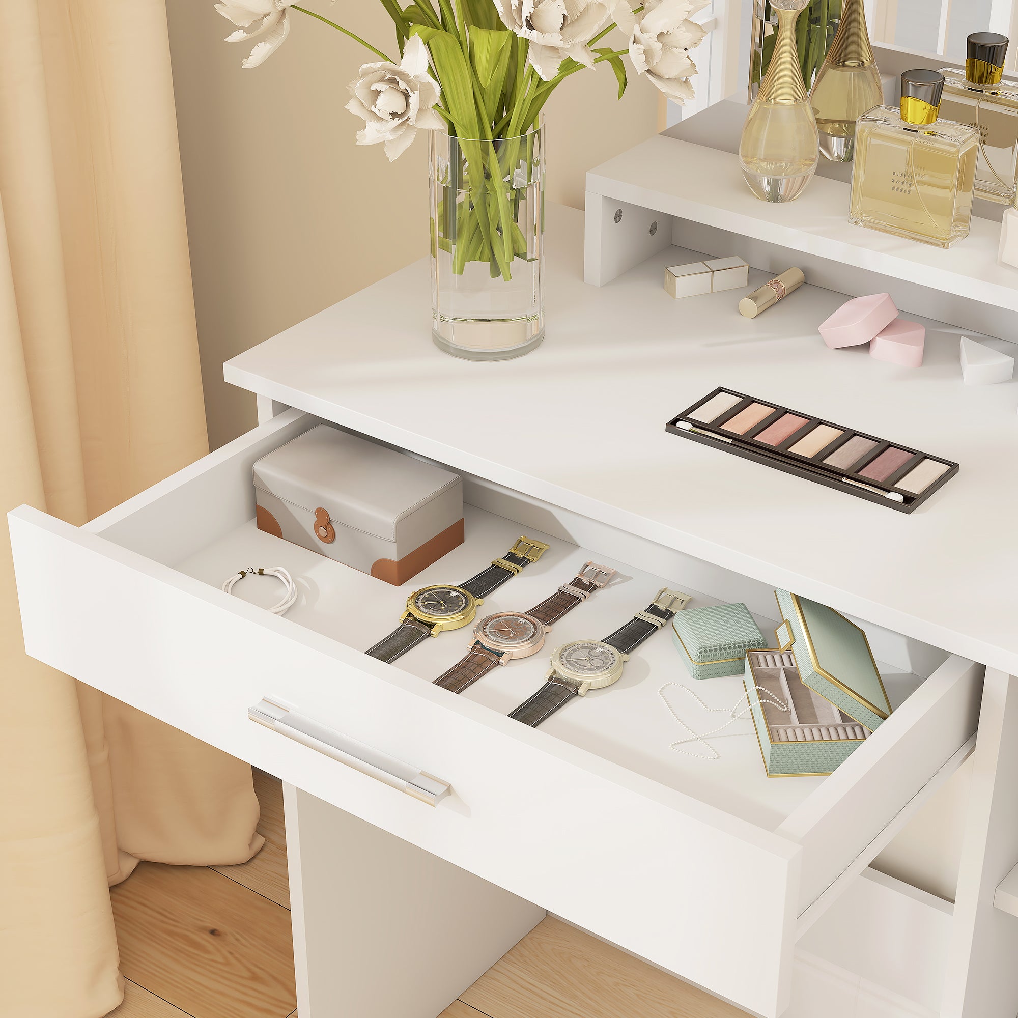 Dressing Table with Cabinet, Drawer, Makeup Mirror and Open Shelves, 90x38x138 cm, White