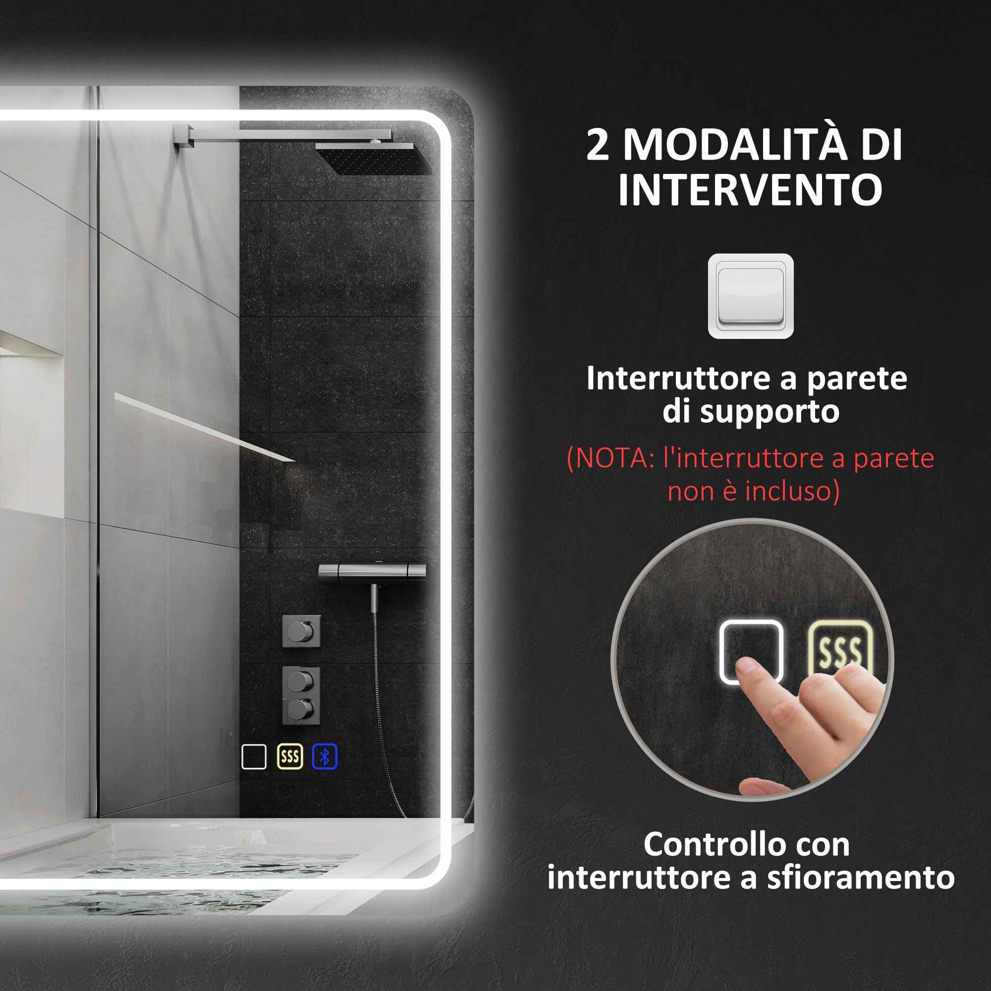 HOMCOM LED Bathroom Mirror with Bluetooth, Adjustable Lighting and Memory Function, Tempered Glass, 70x50x3.5 cm