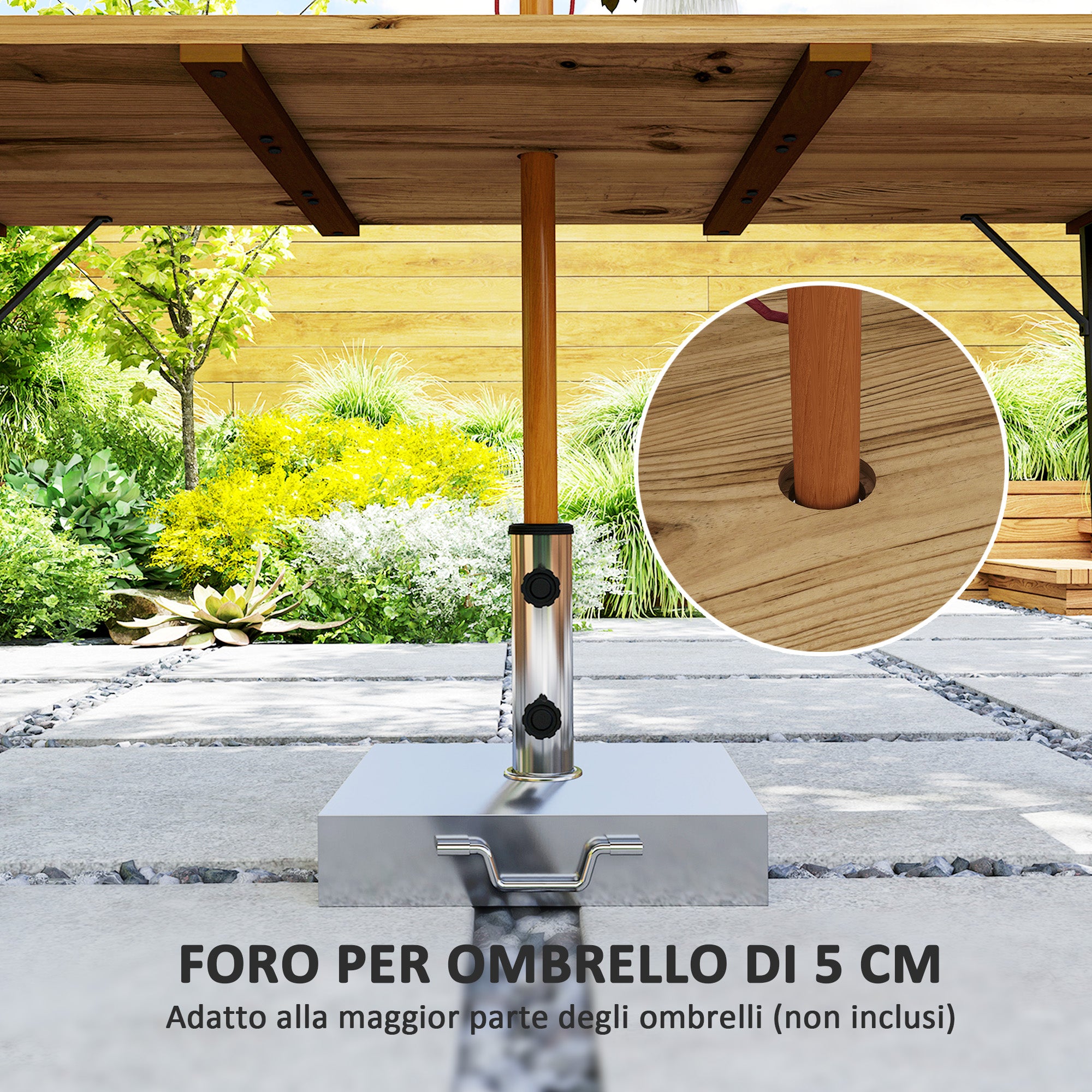 6 Seater Rectangular Garden Table with Umbrella Hole, Wood and Steel, 175x80x75 cm, Brown