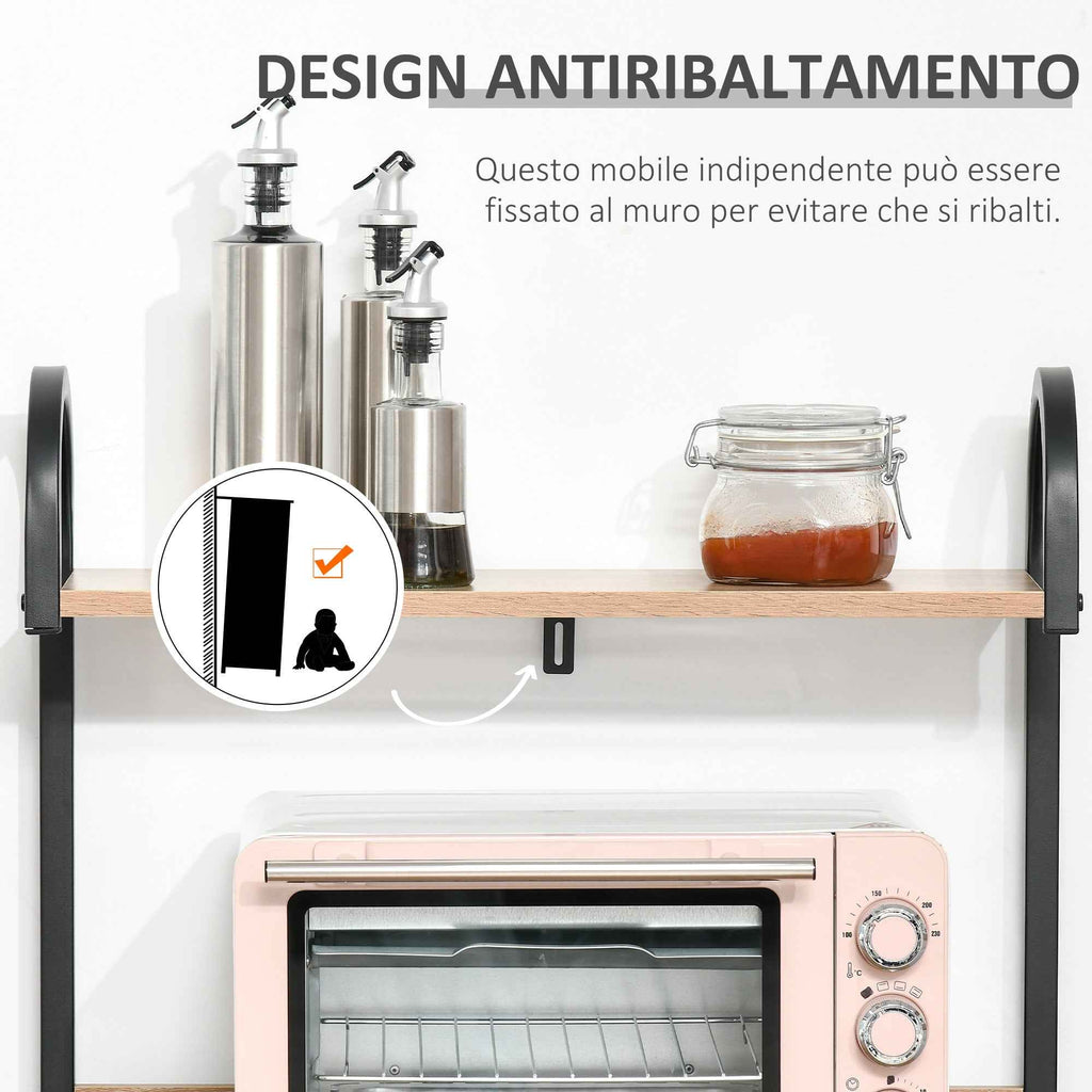 HOMCOM Kitchen Microwave Cabinet with 4 Shelves and 4 Hooks, Steel and Wood, 60x40x125 cm, Wood Color