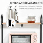 HOMCOM Kitchen Microwave Cabinet with 4 Shelves and 4 Hooks, Steel and Wood, 60x40x125 cm, Wood Color