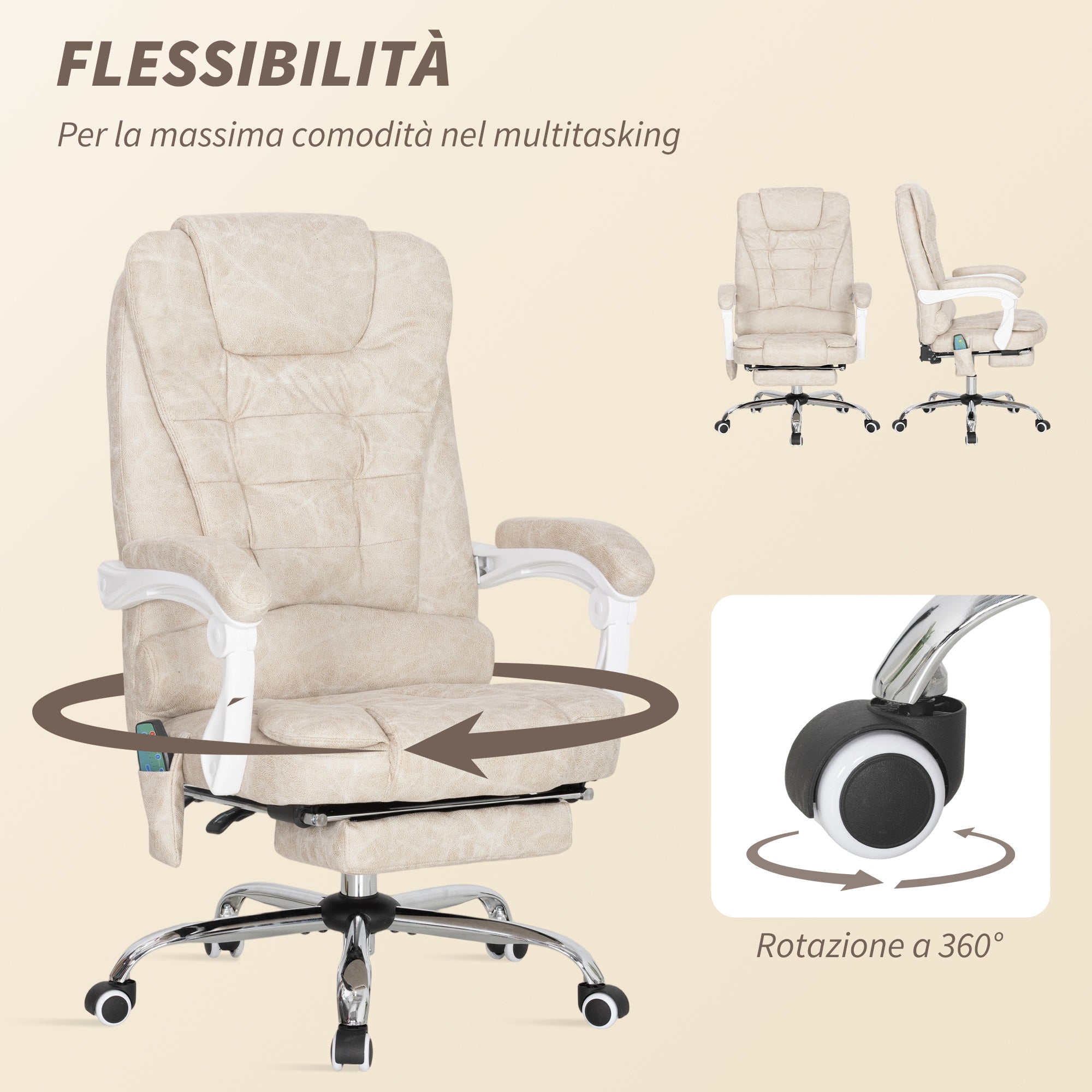 Vinsetto Breathable Leather-Effect Fabric Massage Office Chair with Remote Control and Adjustable Height, Cream