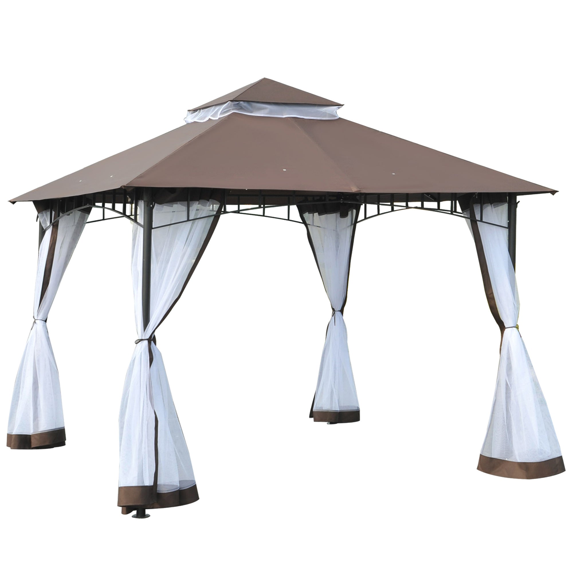 3x3m Garden Gazebo with Mosquito Net, Two-Tier Roof and Brown Metal Frame