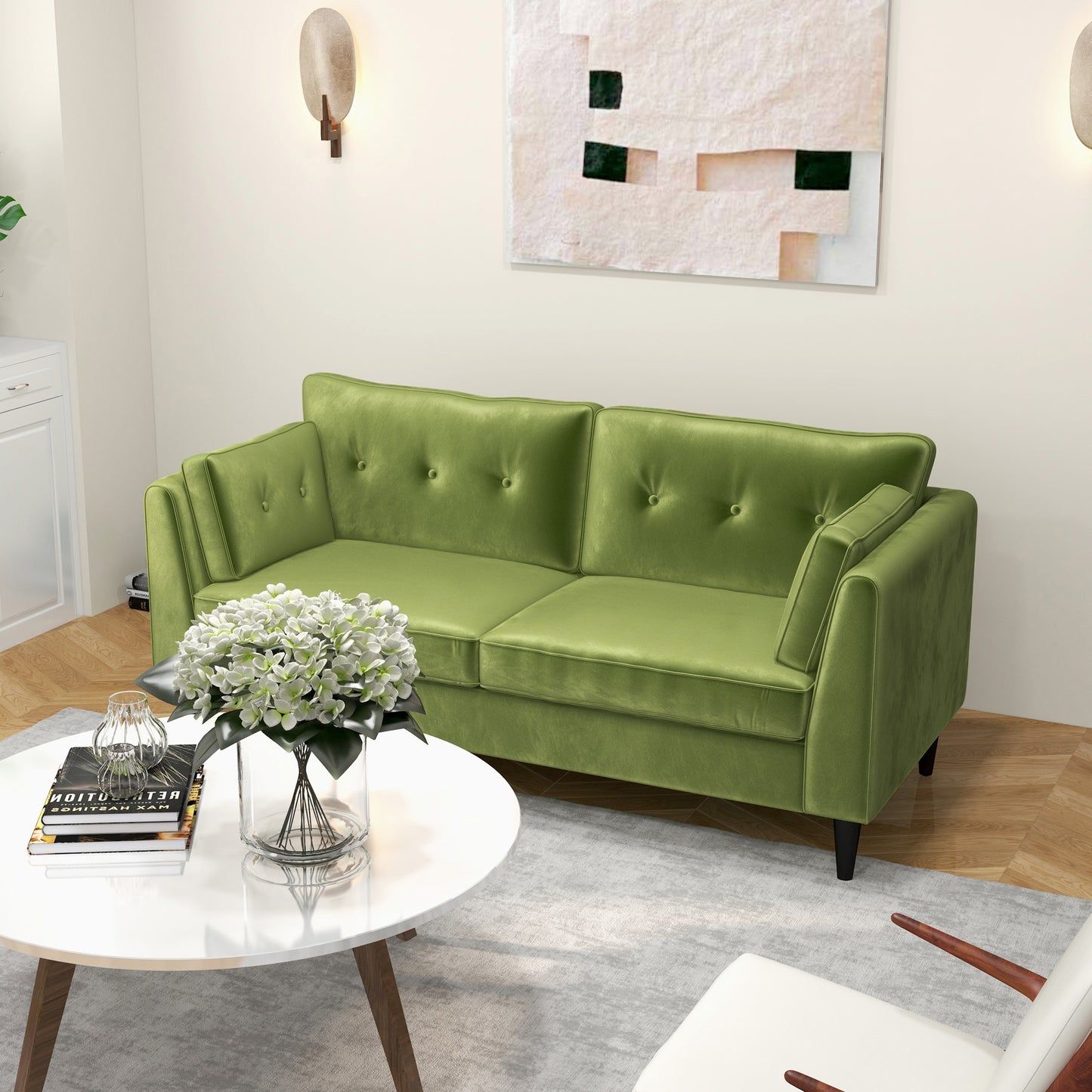 Classic 2-Seater Sofa in Velvet with Cushions and Button Quilting, 172x75x82cm, Green