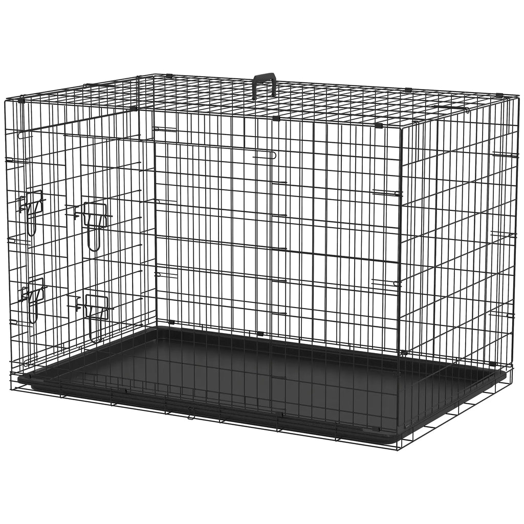 Pet Cage Foldable Steel Double Opening Dog and Cat Carrier, 121x77x82cm, Black - Borge' Group Limited