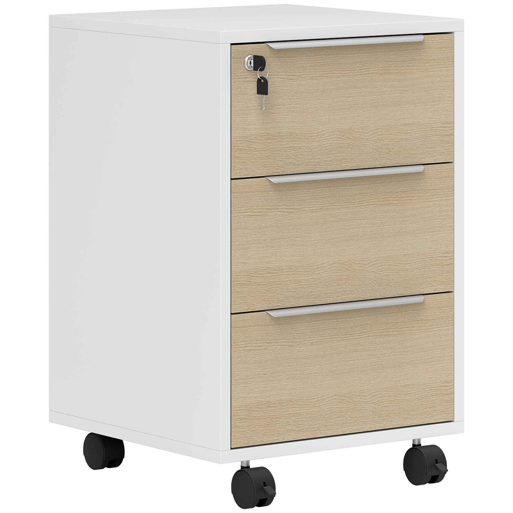 Office Filing Cabinet with 3 Drawers, 4 Wheels, Office Drawer Unit with Lock and 2 Keys, White and Oak
