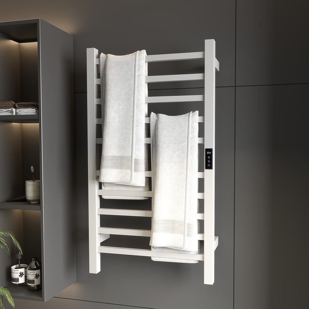 Smart 10-Bar Electric Towel Warmer with Timer and LCD Display, Stainless Steel, 45x11x80 cm, White