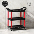 3-Tier Plastic Tool Cart with Handles and Wheels, Capacity 91 kg, 83x43x97 cm, Red