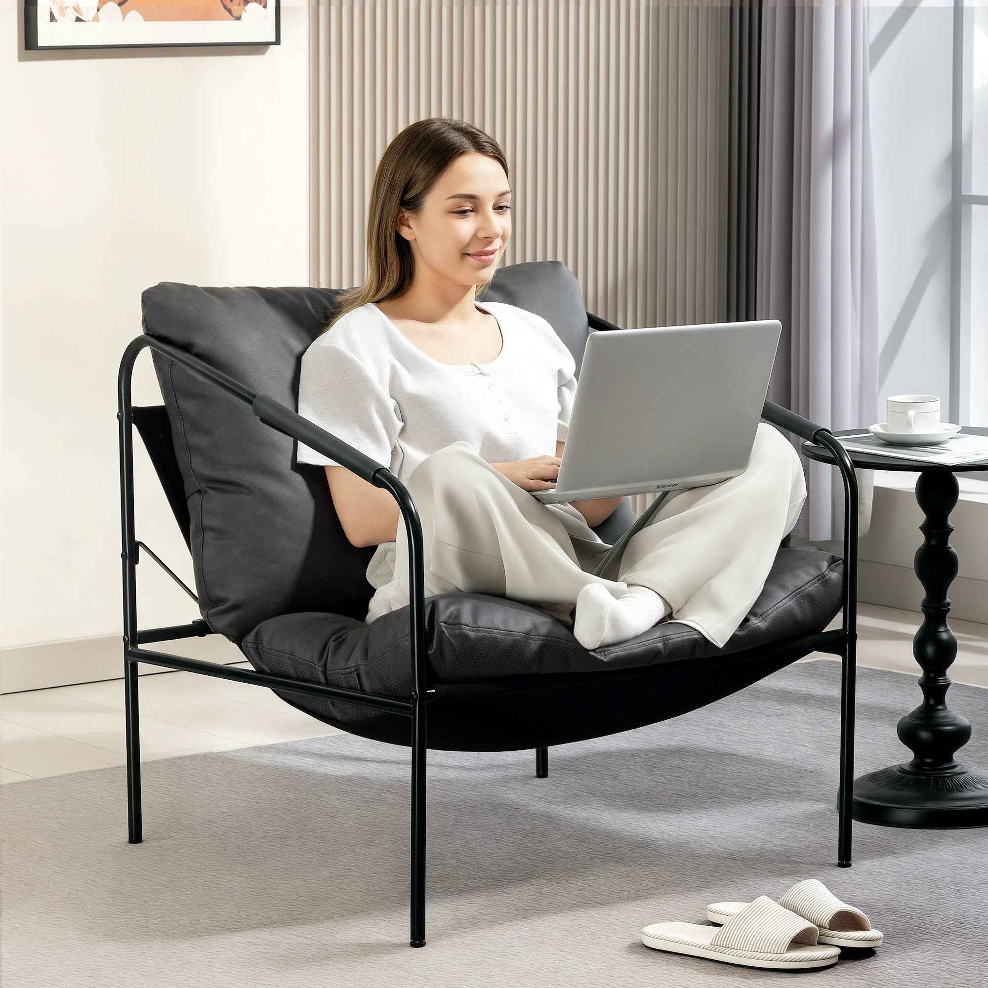 HOMCOM PU Leather Metal Frame Lounge Chair with Thick Cushions, 74.5 x 75 x 77 cm, Charcoal Grey