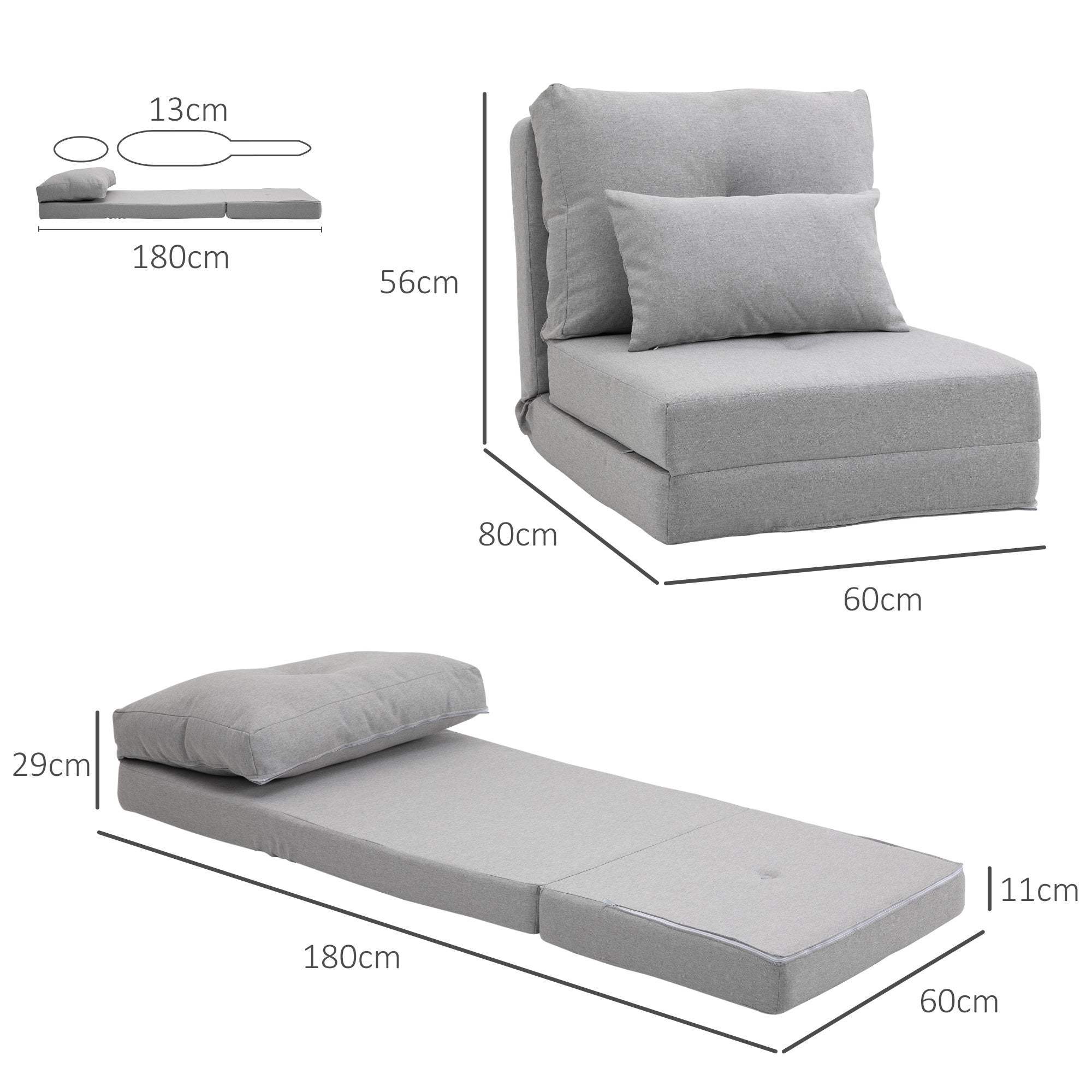 3-in-1 Sofa Bed, Convertible to a Chaise Longue and Floor Sofa with 2 Cushions, Light Grey
