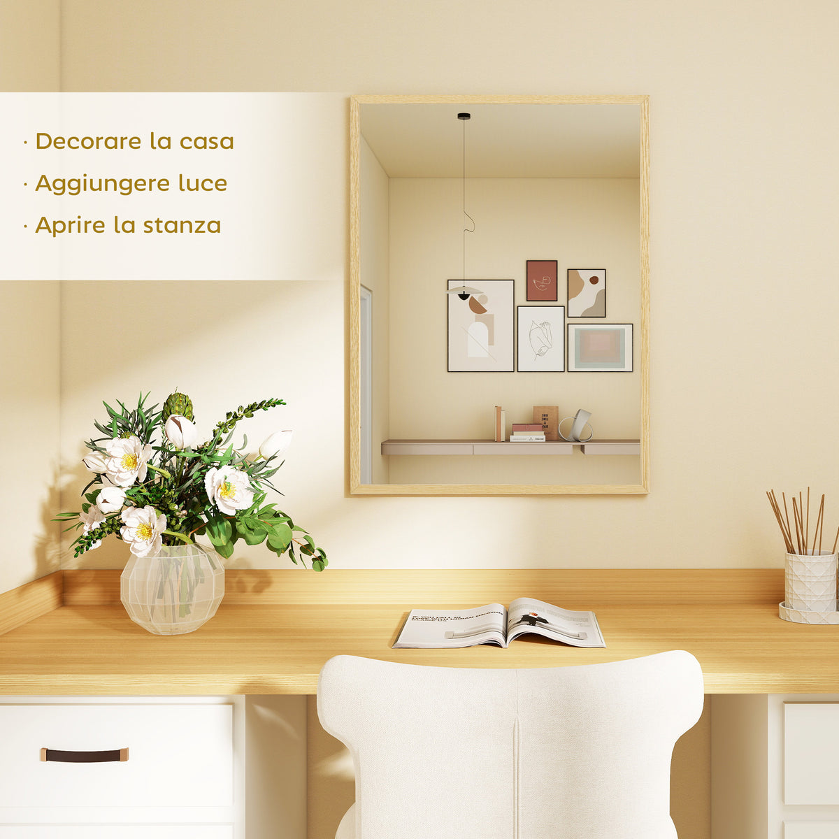 HOMCOM Rectangular Wall Mirror with Hooks, Glass and MDF, 60x80 cm, Wood Color