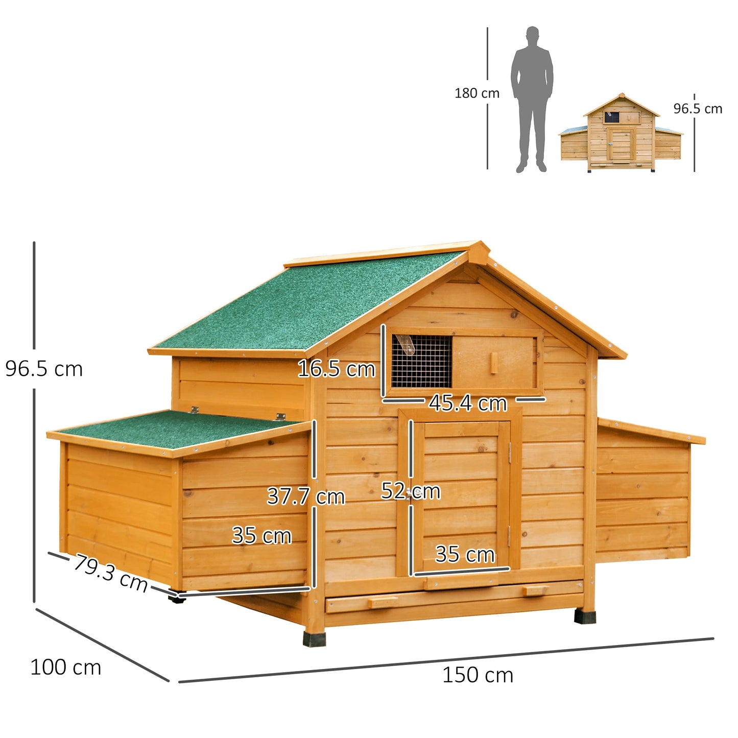 Chicken Coop Laying Cage for Garden Chickens with 2 Drawers, Nest and Waterproof Outdoor Roof in Wood, 150x100x96.5 cm