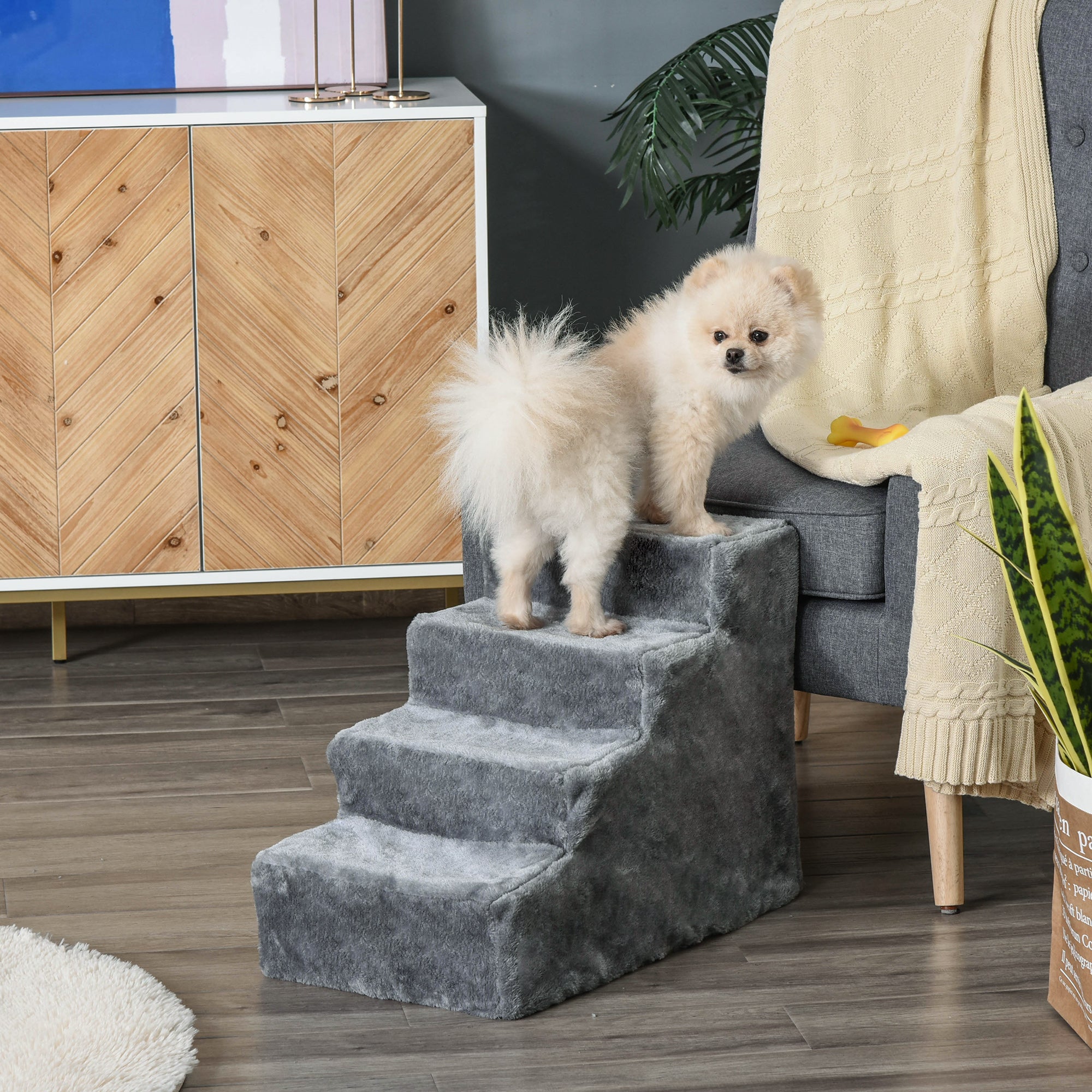 Portable 4-Step Dog Stairs, Removable Flannel and Chipboard, 60x35x44 cm, Grey