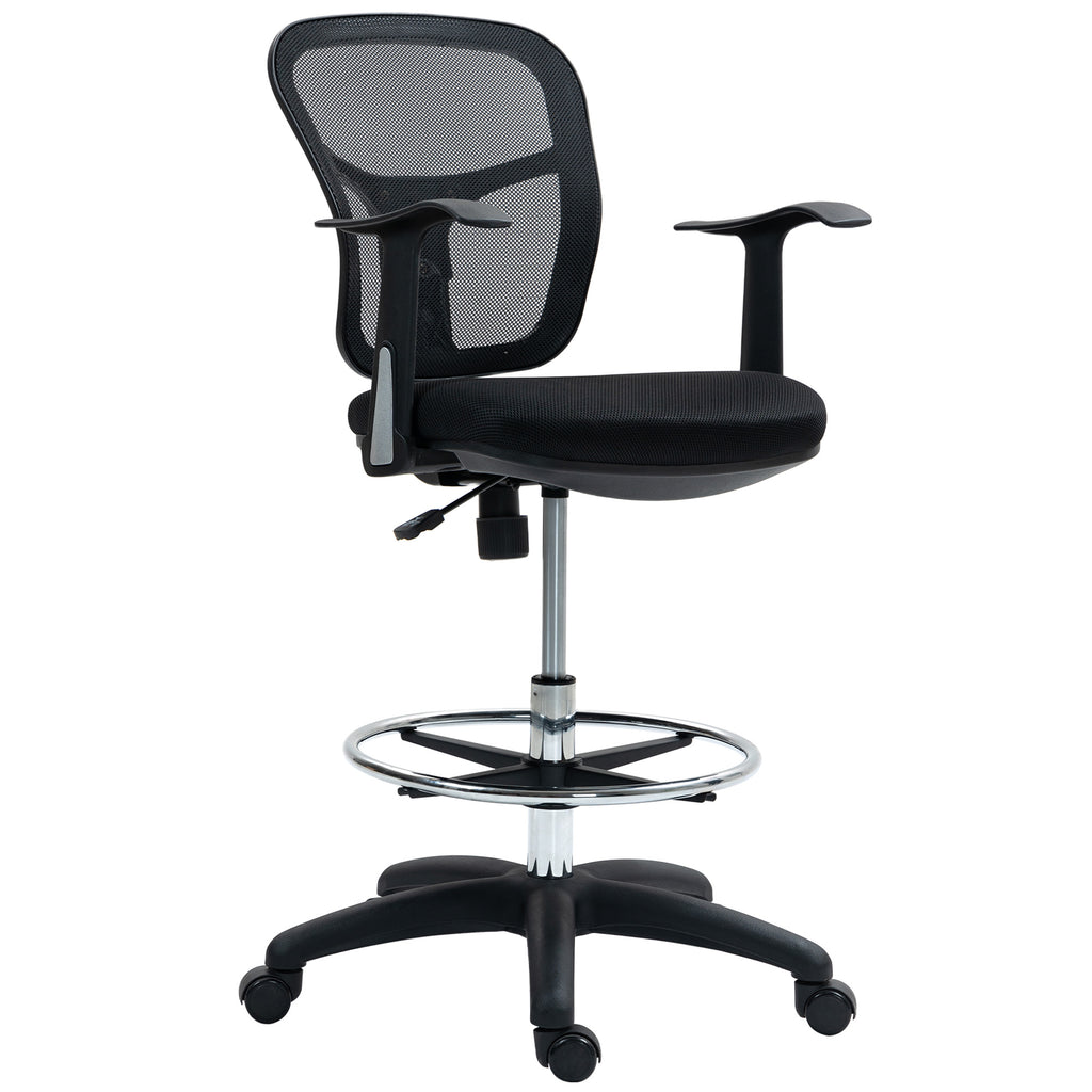 Swivel Chair with Footrest Ring and Curved Backrest, in Polyester, Foam and Plastic, 55x58x94 cm, Black