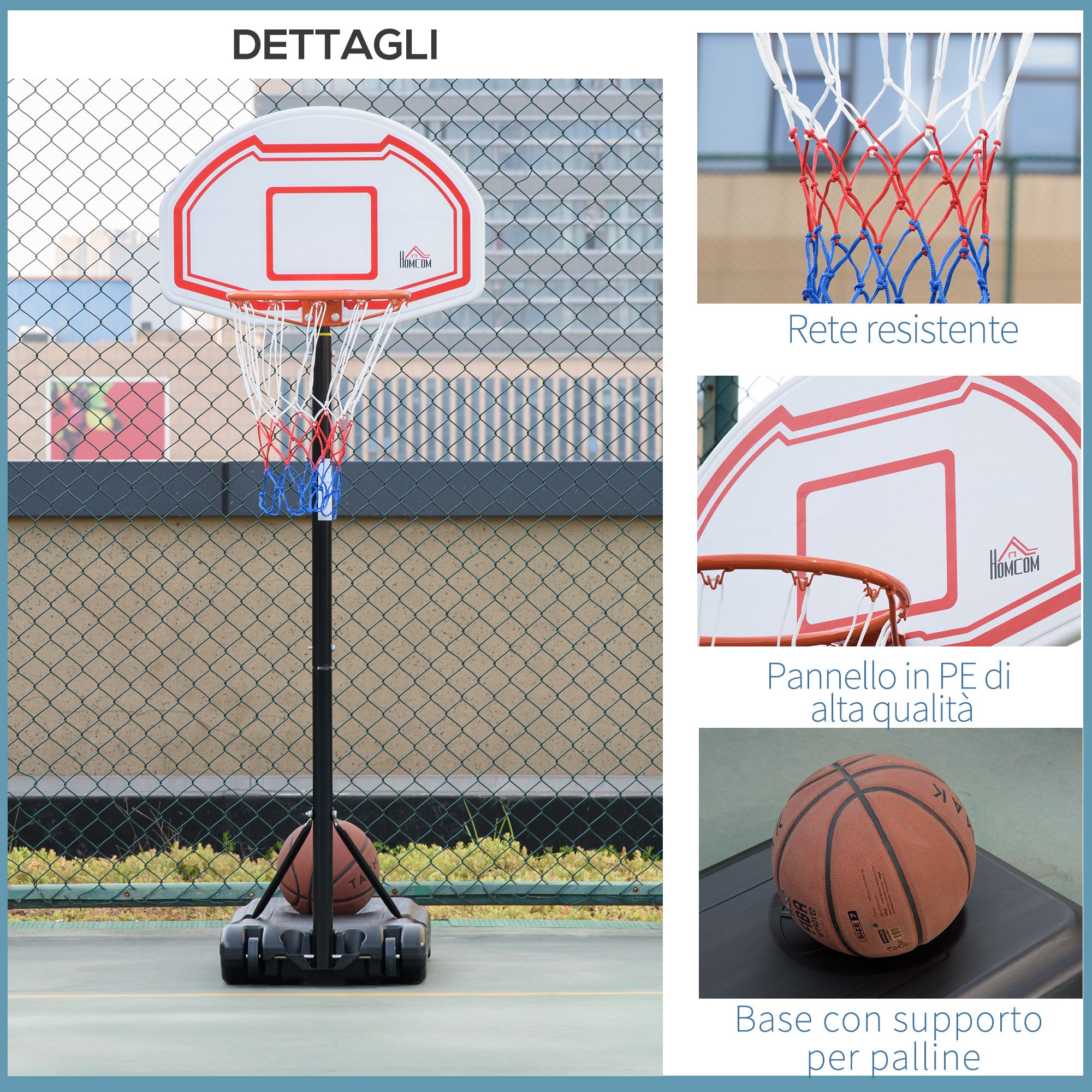 Height Adjustable Basketball Hoop with Fillable Base and 2 Wheels, in Steel, PE and HDPE, 70x45x2 cm