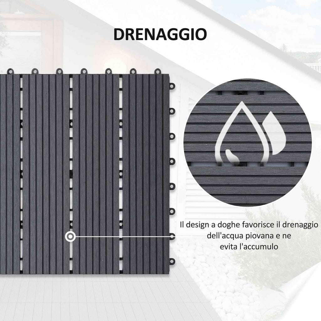 Outsunny Set of 11 Non-Slip Interlocking Outdoor Tiles in Recycled HDPE, 30x30x2.2 cm, Grey