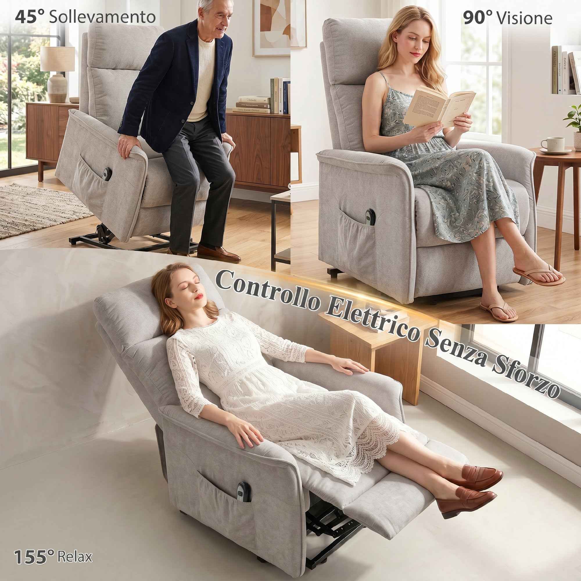 HOMCOM Electric Lift Recliner Chair in Chenille with High Back and Remote Control, Light Grey