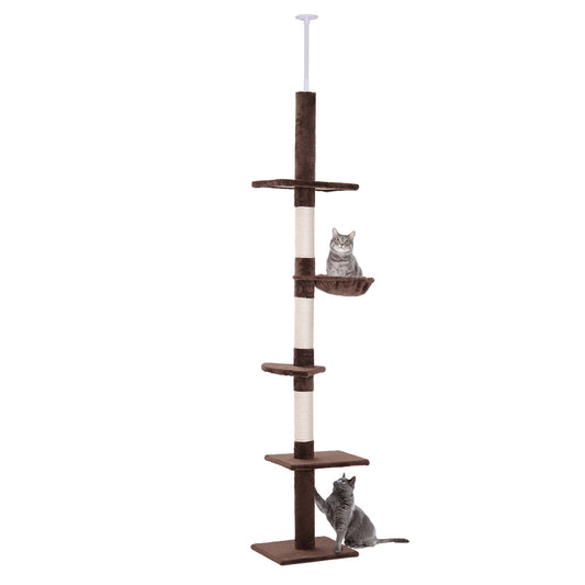 Multi-Level Ceiling Cat Tree with Hammock and Adjustable Height, 40x34x230-260cm, Brown