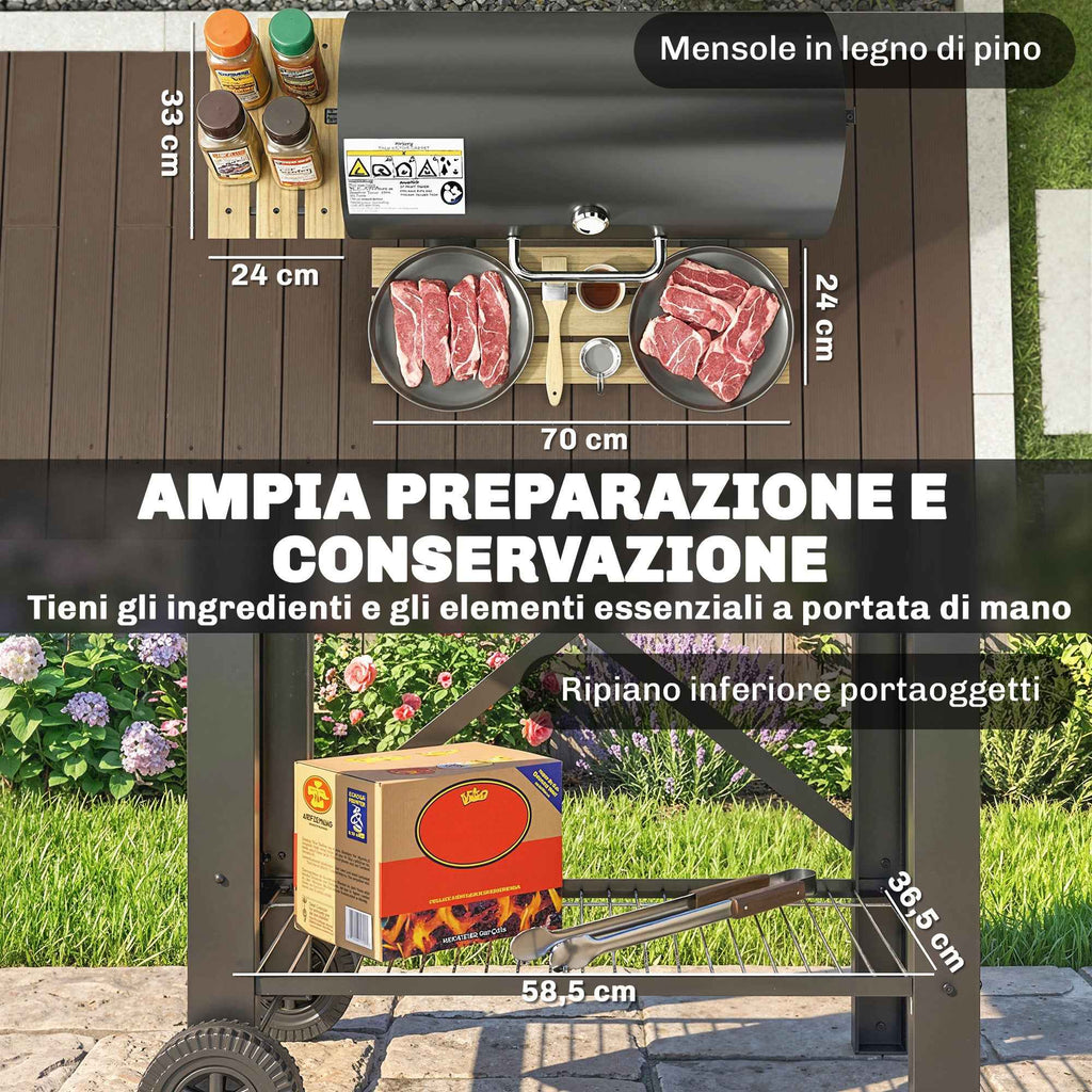 Outsunny Charcoal Barbecue, Mobile Grill with Folding Shelves and Thermometer