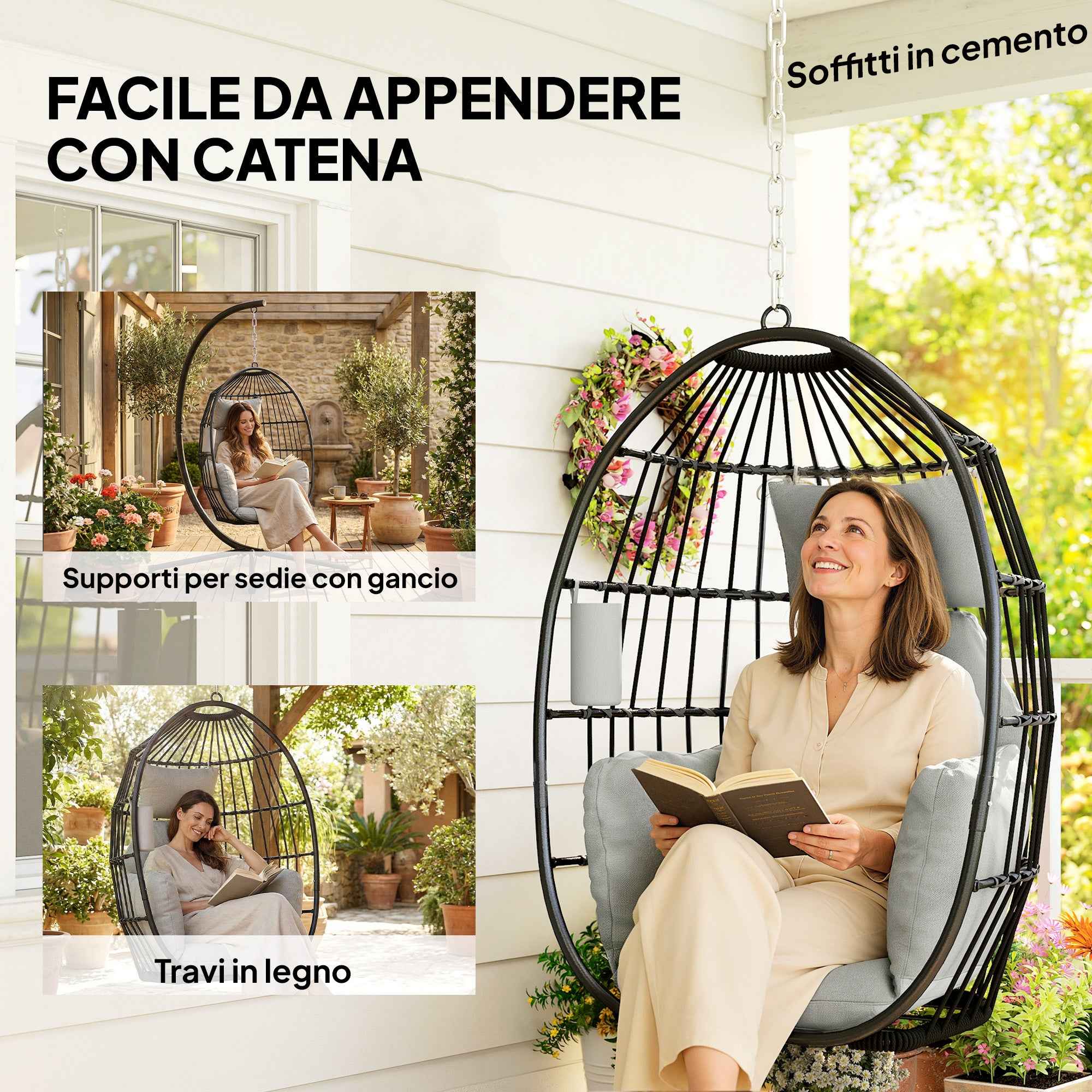 Outsunny Hanging Egg Chair with Hook, Cushion and Headrest, in Steel and Polyester, 75x62x107 cm, Grey