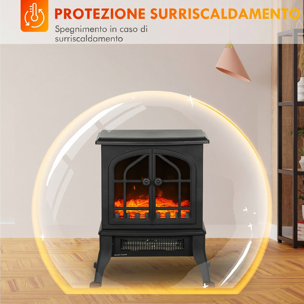 HOMCOM 900/1800W Electric Fireplace with 3D Flame and Adjustable Thermostat (10-35°C), 30㎡, Black