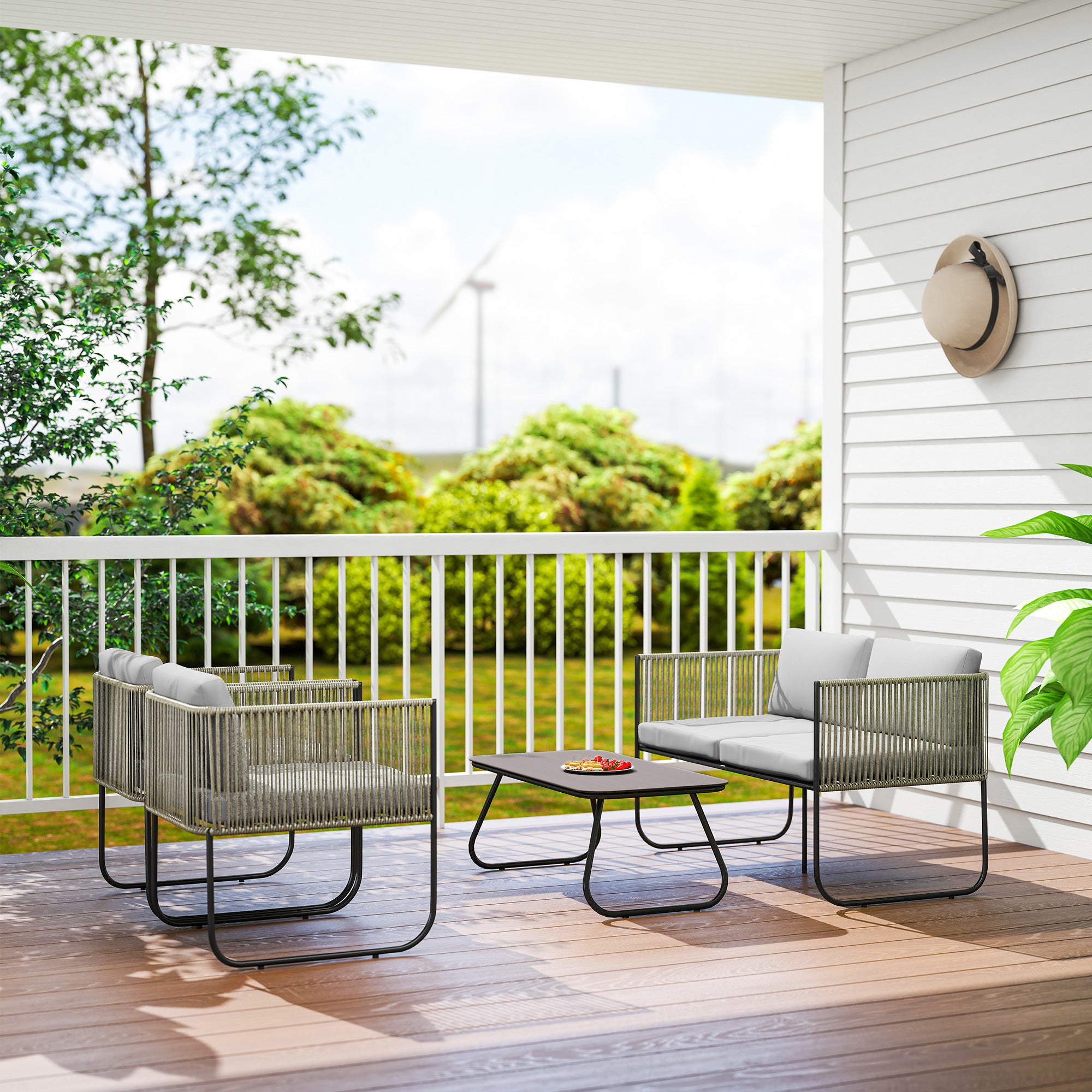 Rattan Garden Set with 2 Seater Sofa, 2 Armchairs and Glass Table, Removable Cushions, Grey