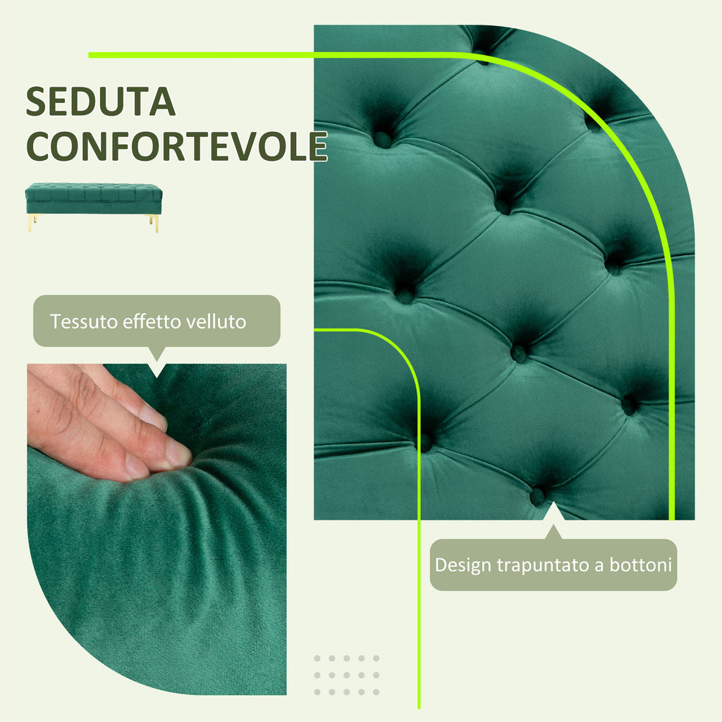 Padded Bed End Bench with Quilted Velvet Fabric Covering, 118x45x42 cm, Dark Green