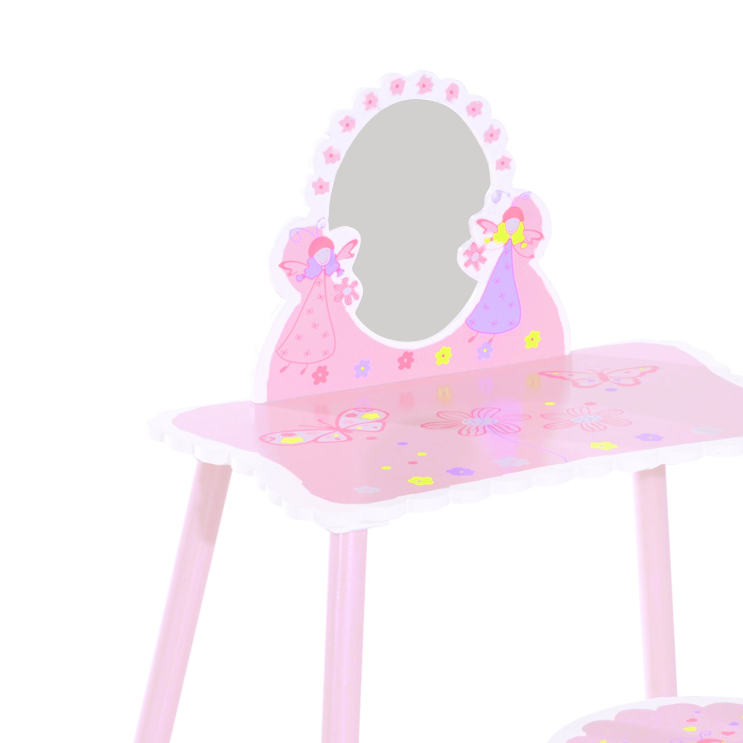 Children's Dressing Table with Wooden Stool, Make-Up Table with Modern Mirror and Drawer, 59W x 39D x 77H cm, Pink