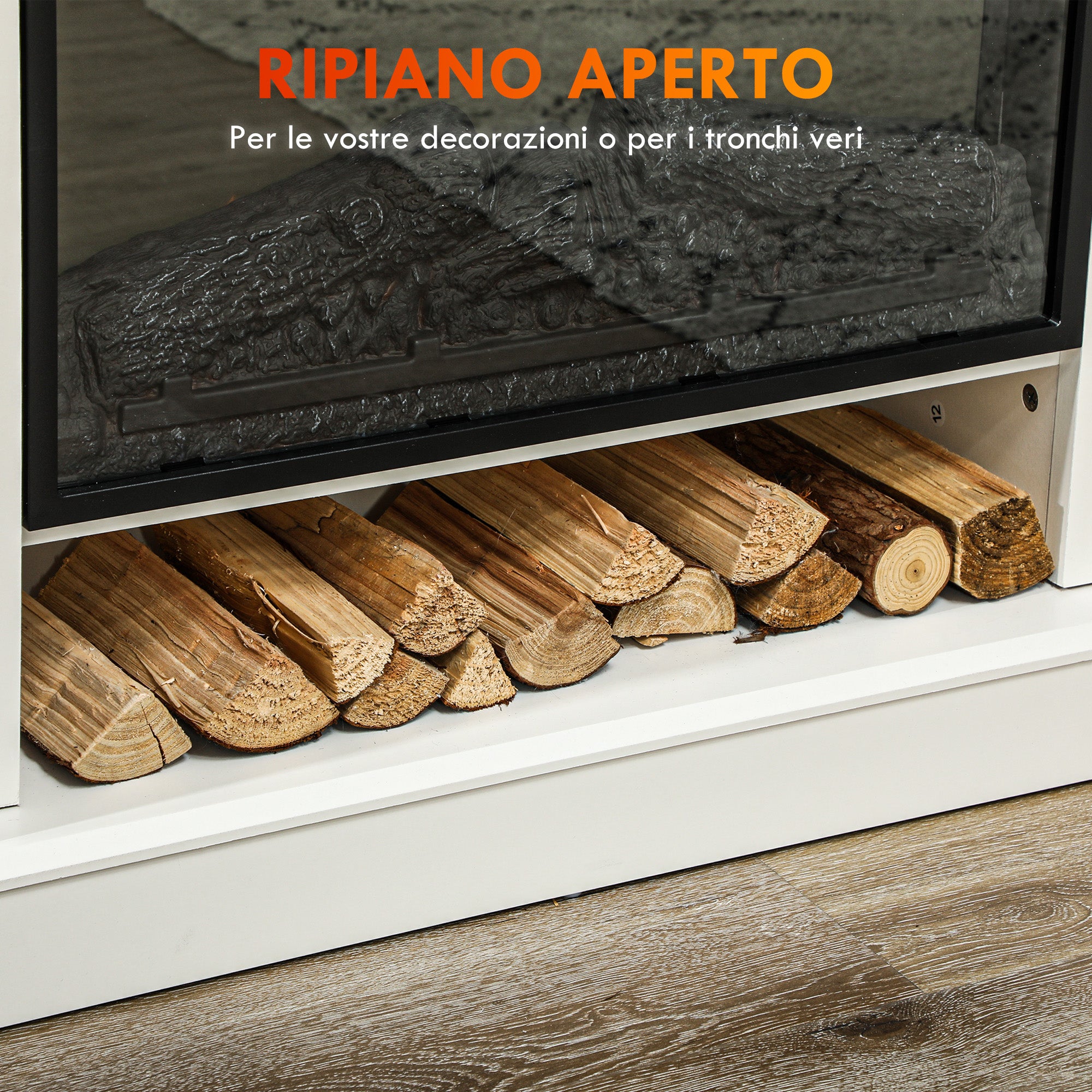 Electric Fireplace 1800W with 3-Intensity Flame and Remote Control, in Wood, Metal and Glass, 117x30x100 cm, White