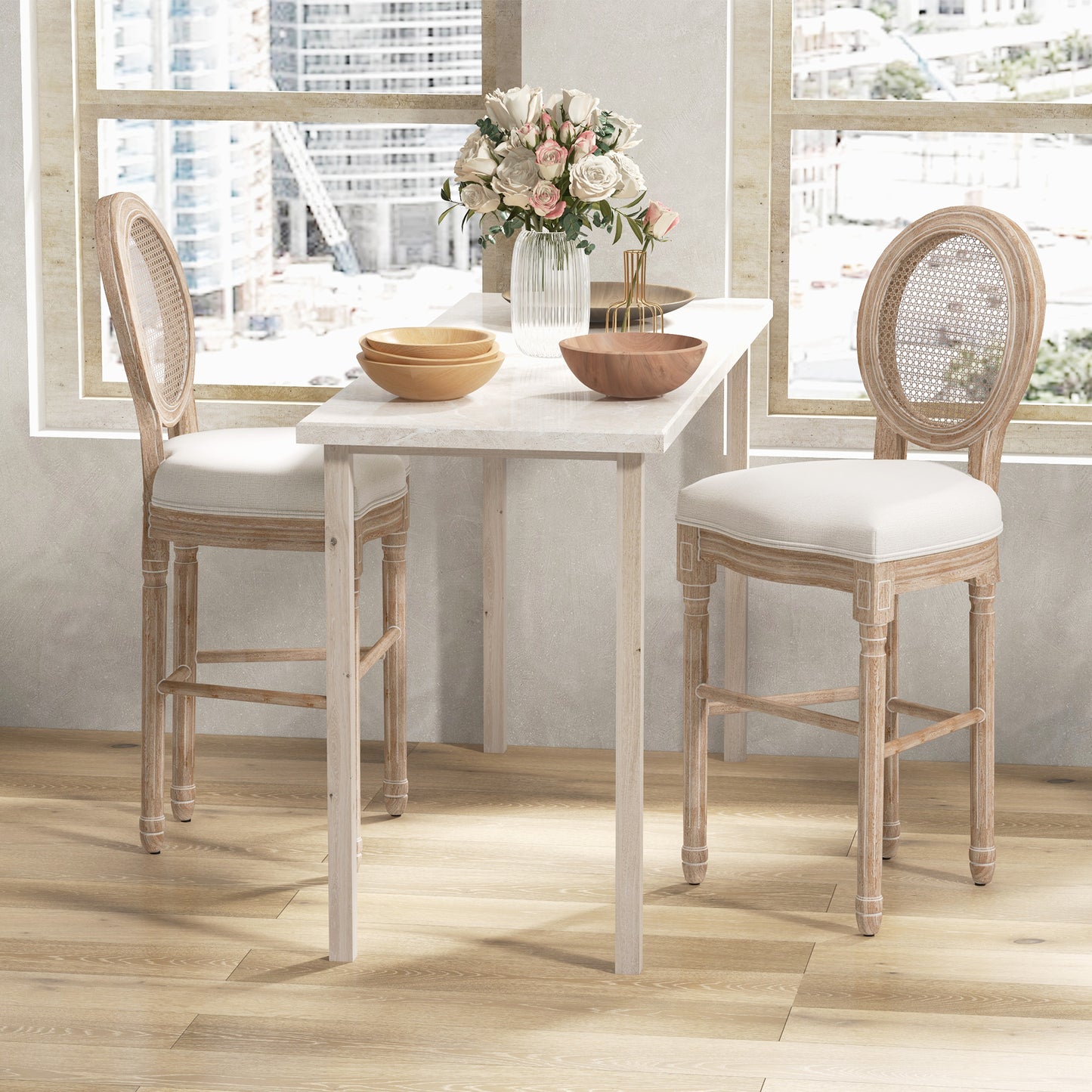 Homcom Set 2 bar stools with back, cushions and footrests, in wood and polyester, 48x56x118 cm, cream - Borgè