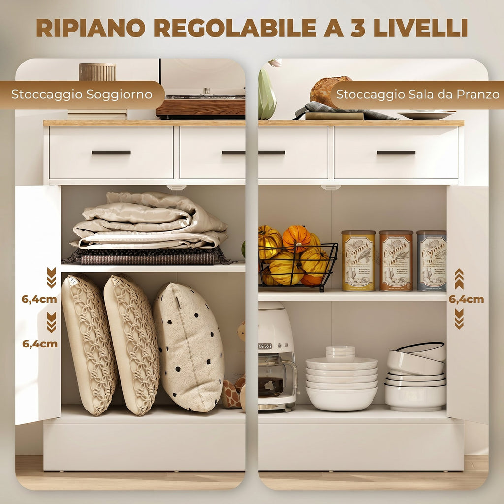 Modern Sideboard with 2 Drawers and 2 Doors, Adjustable Internal Shelf, White and Wood