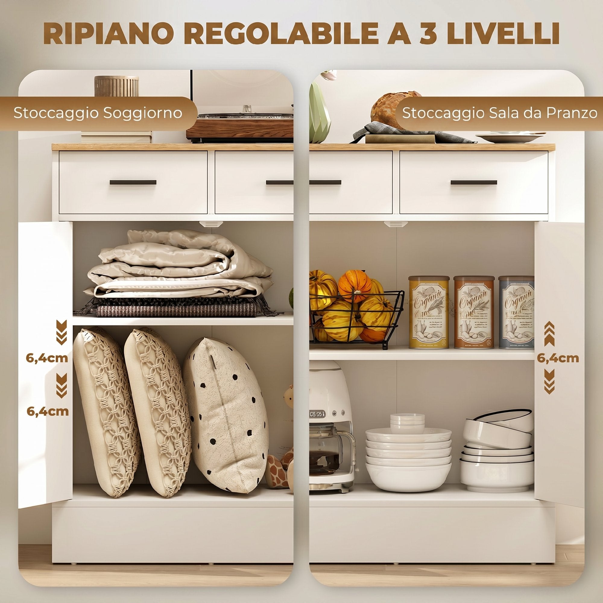 Modern Sideboard with 2 Drawers and 2 Doors, Adjustable Internal Shelf, White and Wood