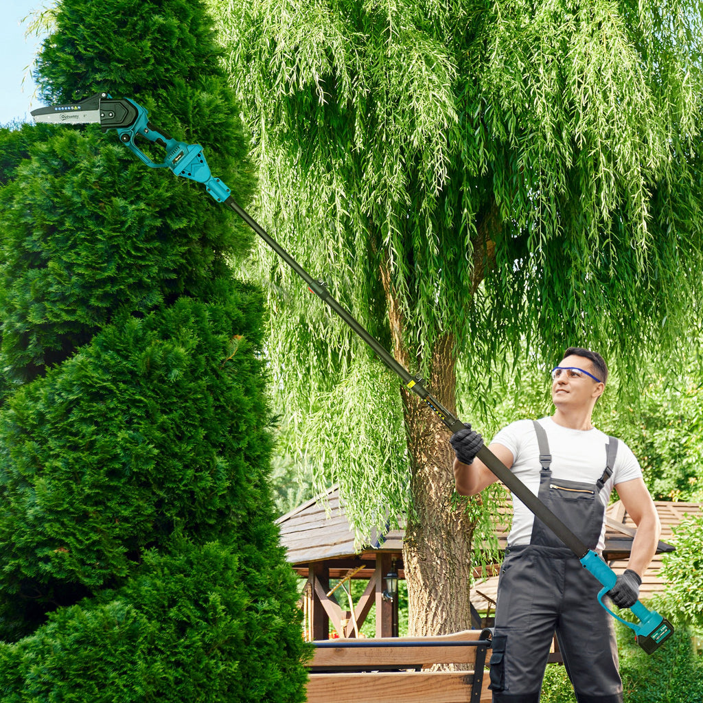 2-in-1 Cordless Chainsaw with Telescopic Pole, Brushless Motor, 2 Batteries and Safety Lock, Blue