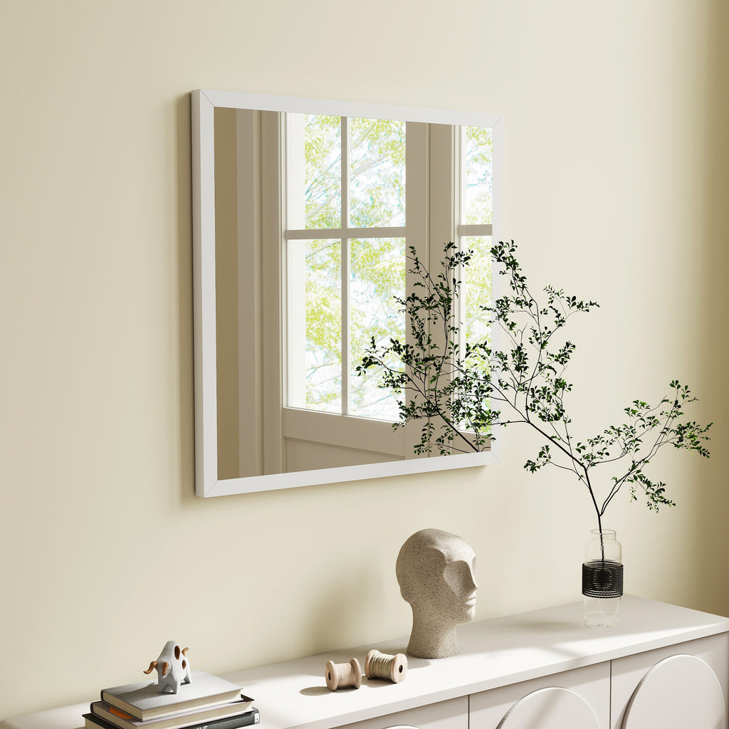 HOMCOM Rectangular Wall Mirror with Hooks, Glass and MDF Wall Mirror, 50x50 cm, White