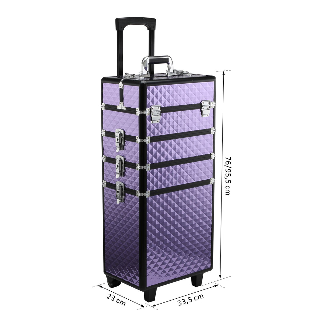 Professional Makeup Case, Aluminum Travel Makeup Trolley, 2 Wheels, Purple 33.5x23x76/95.5cm