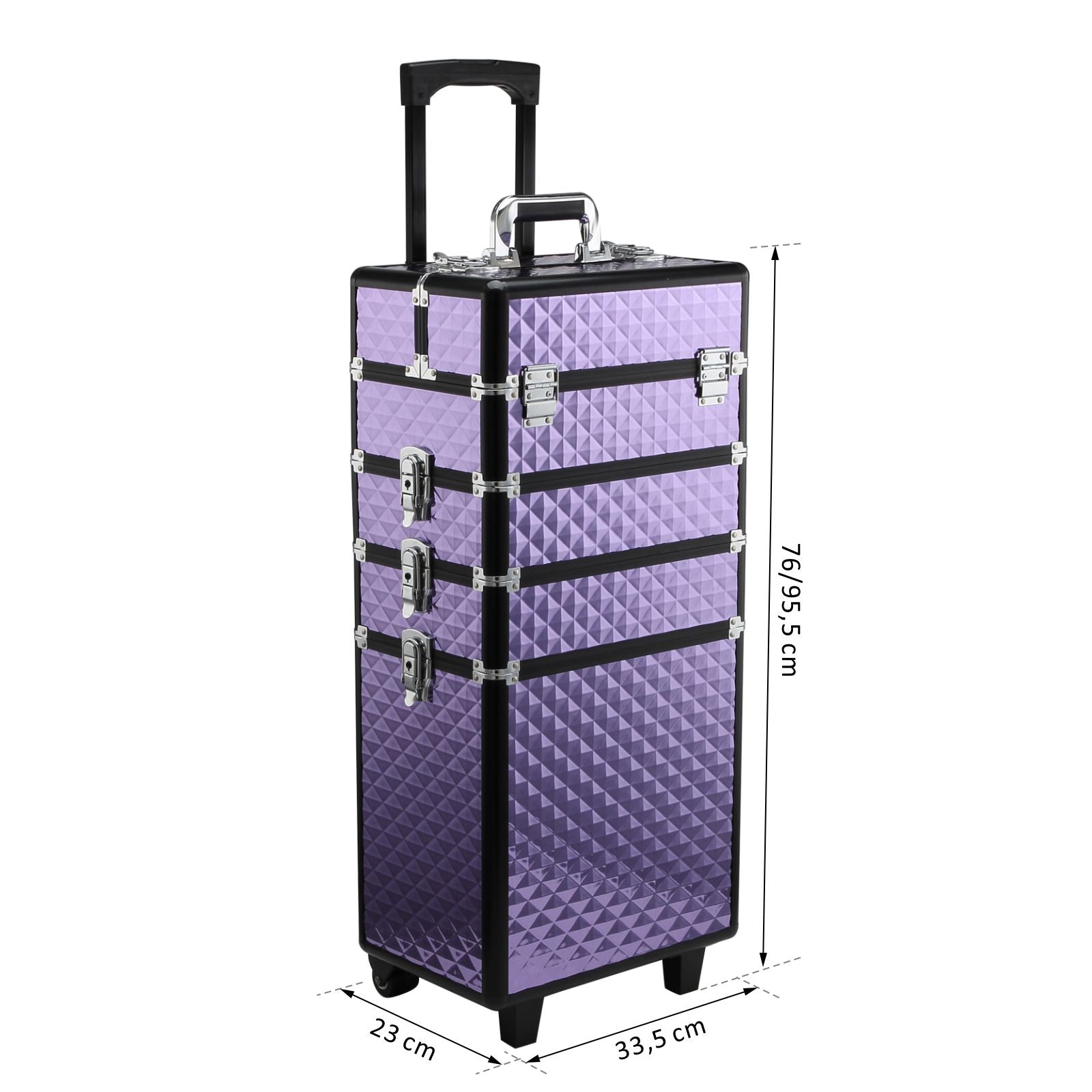 Professional Makeup Case, Aluminum Travel Makeup Trolley, 2 Wheels, Purple 33.5x23x76/95.5cm