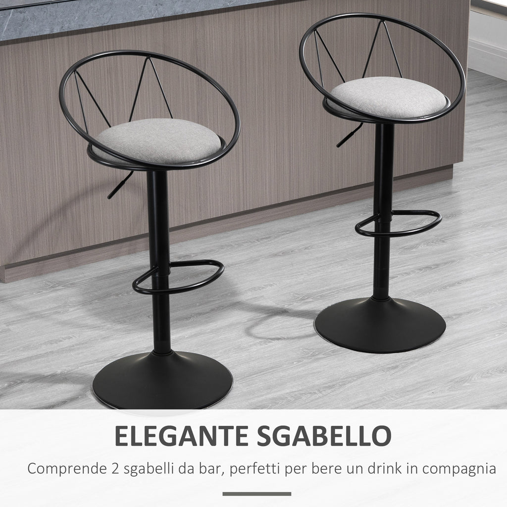 Set of 2 Bar Stools with Backrest and Footrest, Adjustable Height and Padded Seat, Grey