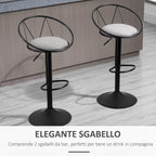 Set of 2 Bar Stools with Backrest and Footrest, Adjustable Height and Padded Seat, Grey